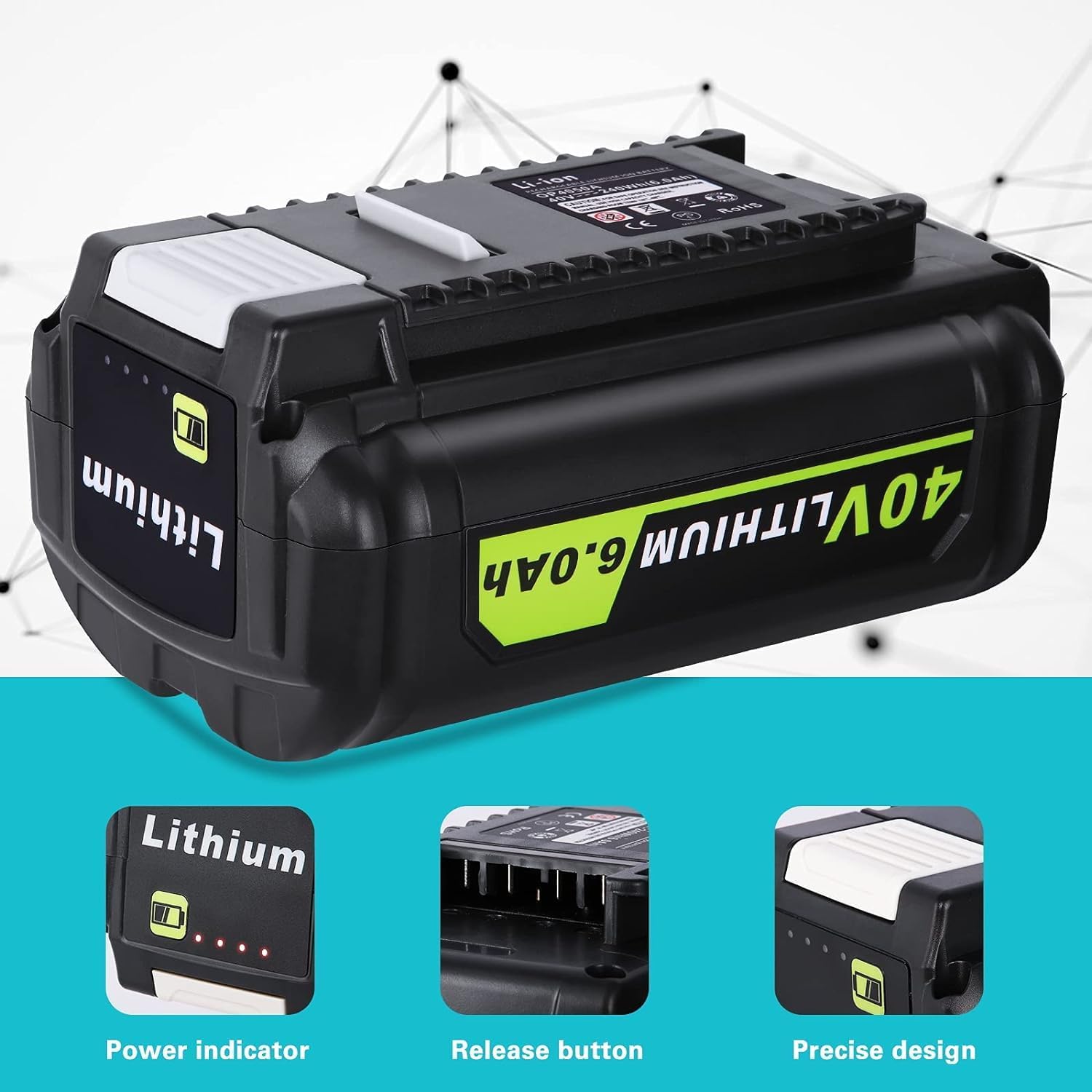Replacement for Ryobi 40V 6.0Ah Battery Compatible with Ryobi 40 Volt Battery OP4040 OP40401 OP4026 OP40261 OP4050 OP40201 OP40601 Compatible with Ryobi Battery 40V Cordless Power Tools