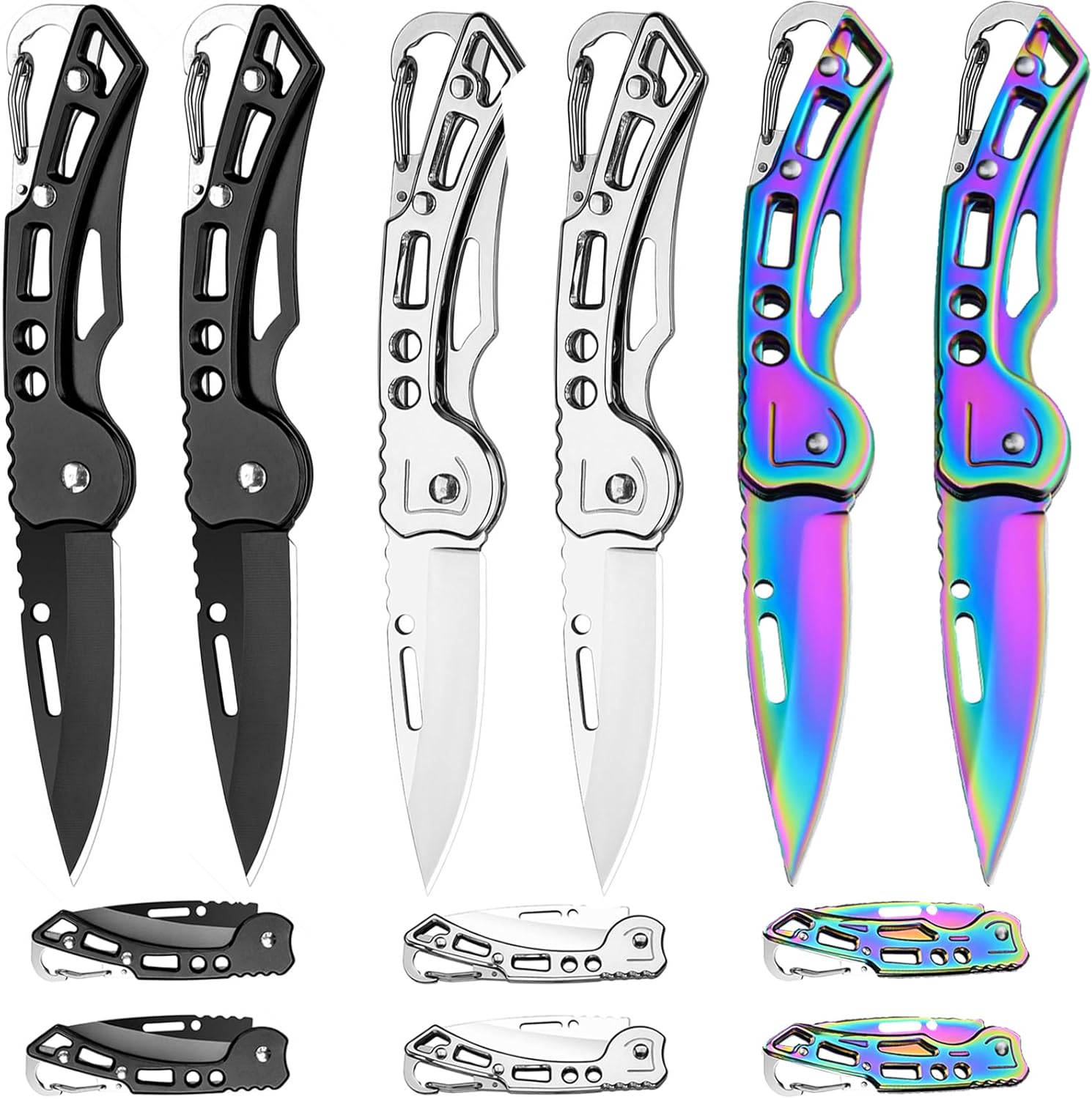 6 Pack Pocket Knife Set, Folding Knife with Keychain, Stainless Steel Small Sharp EDC Pocket Knives, Compact Mini Carabiner Knife for Everyday Carry, Outdoor Camping Hiking