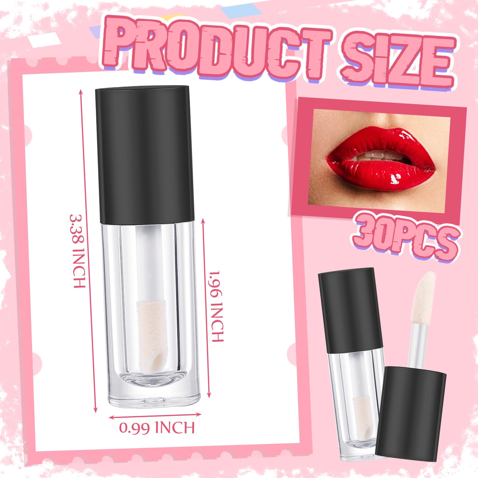 Tatuo 30 tubetti vuoti da 6 ml per lucidalabbra, con bacchetta, ricaricabili, contenitori per cosmetici, con tappi in gomma, per rossetto, crescita delle ciglia, liquido, kit trucco fai da te (nero)