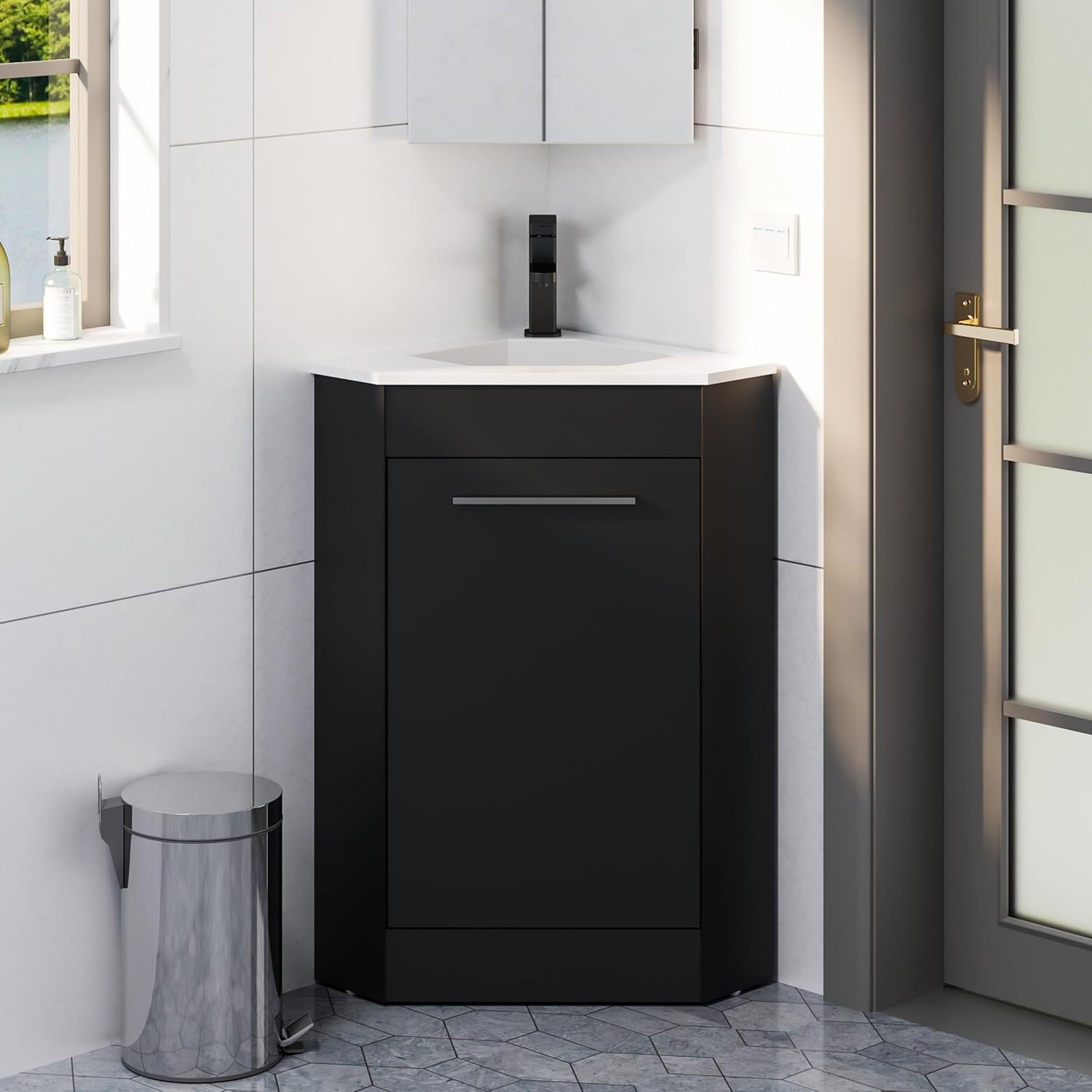 eclife 26" Corner Bathroom Vanity Sink Combo for Small Space Freestanding Storage Cabinet with White Resin Sink and Matte Black Faucet, White