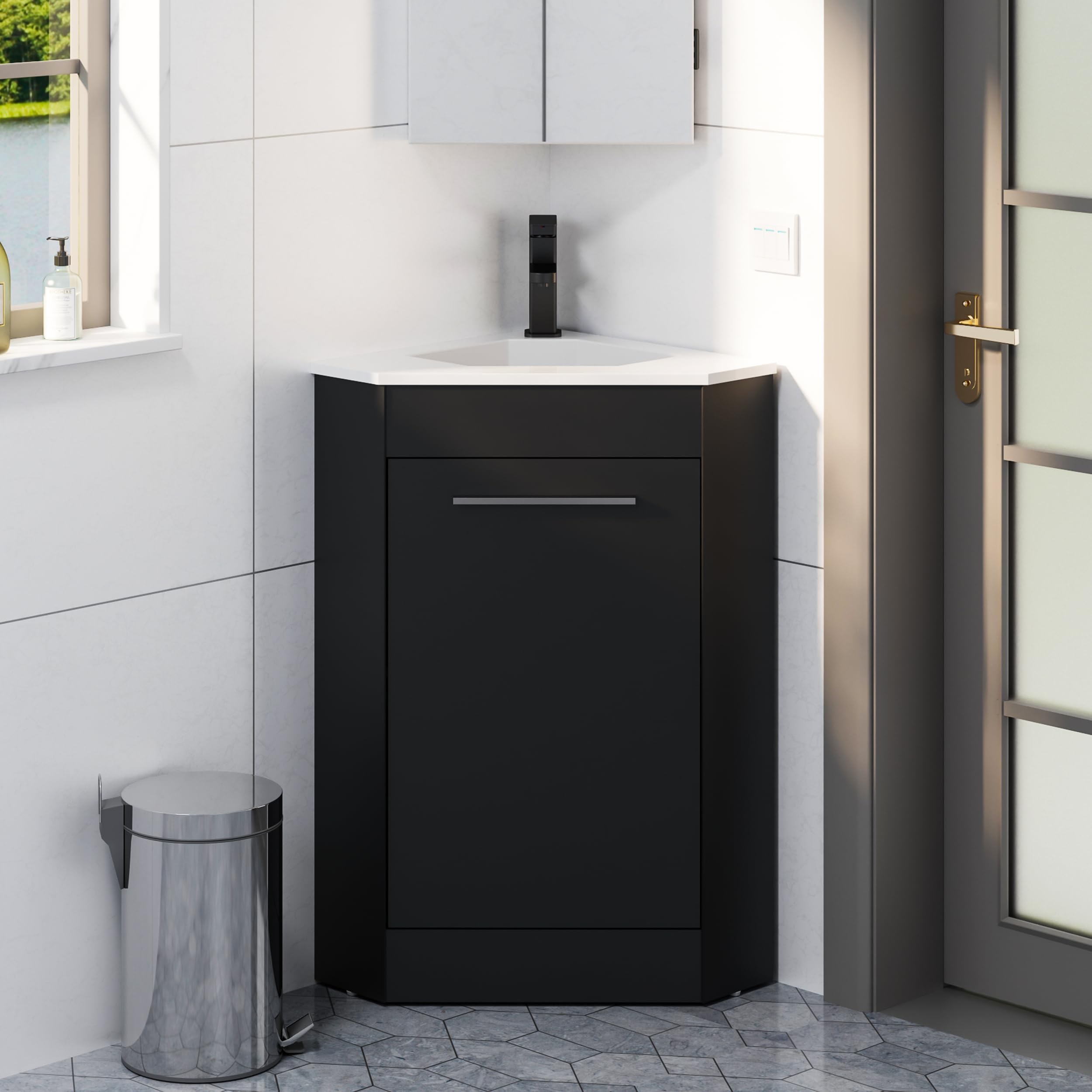 26" Corner Bathroom Vanity Sink Combo for Small Space Freestanding Storage Cabinet with White Resin Sink and Matte Black Faucet, Black