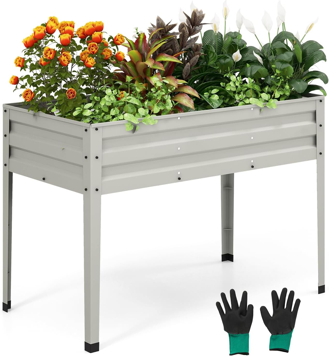 HAPPYGRILL Raised Garden Bed, Galvanized Garden Box with Legs, Drainage Holes, 2 Gloves, Outdoor Planter Box for Garden, Backyard & Patio, 46”x 24” x 32”, Sliver