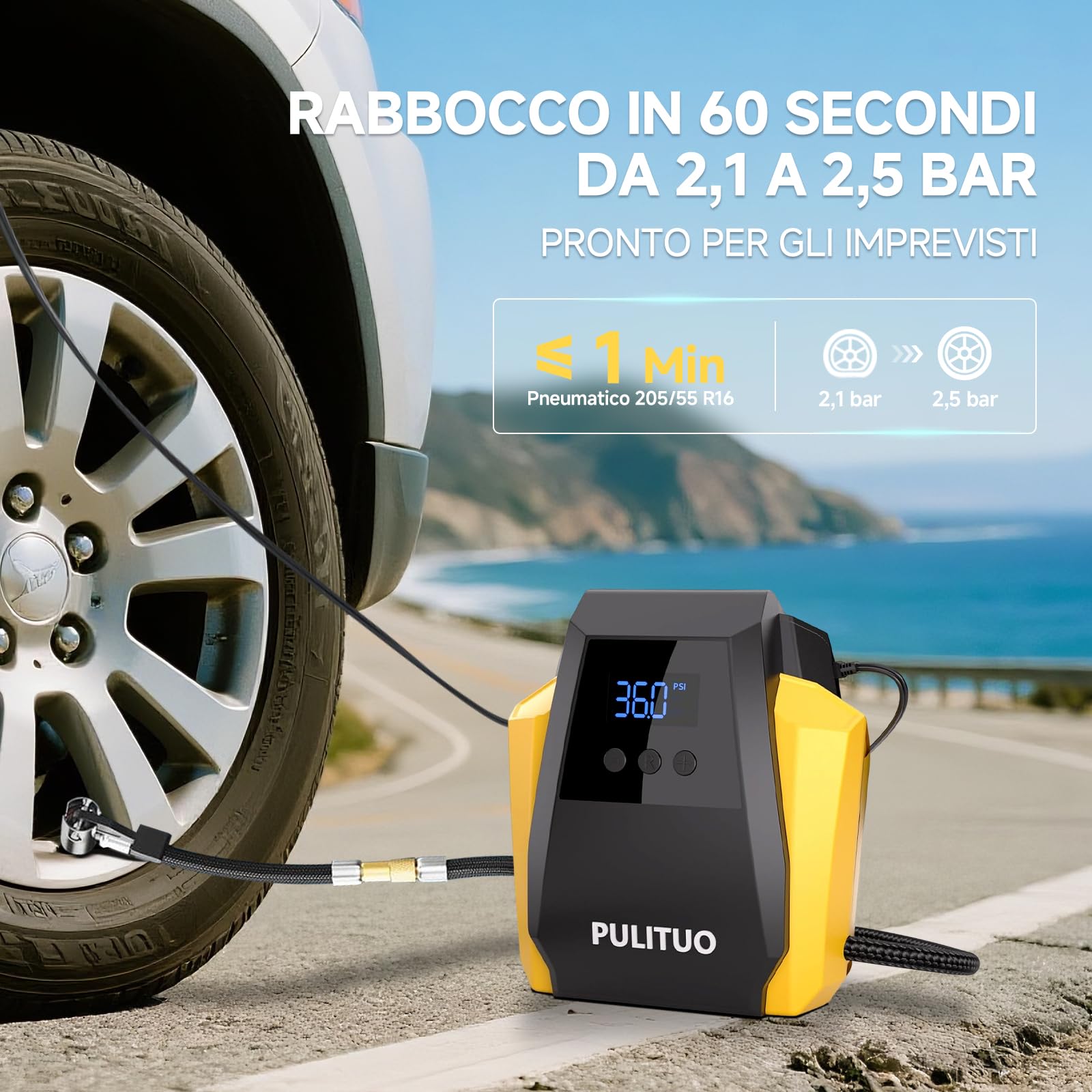 PULITUO Gonfiatore Pneumatici 12V DC - Compressore d'Aria Portatile 35L/min, 150 PSI / 10,3 Bar Pompa Auto con Arresto Automatico, Manometro Digitale e LED, Giallo