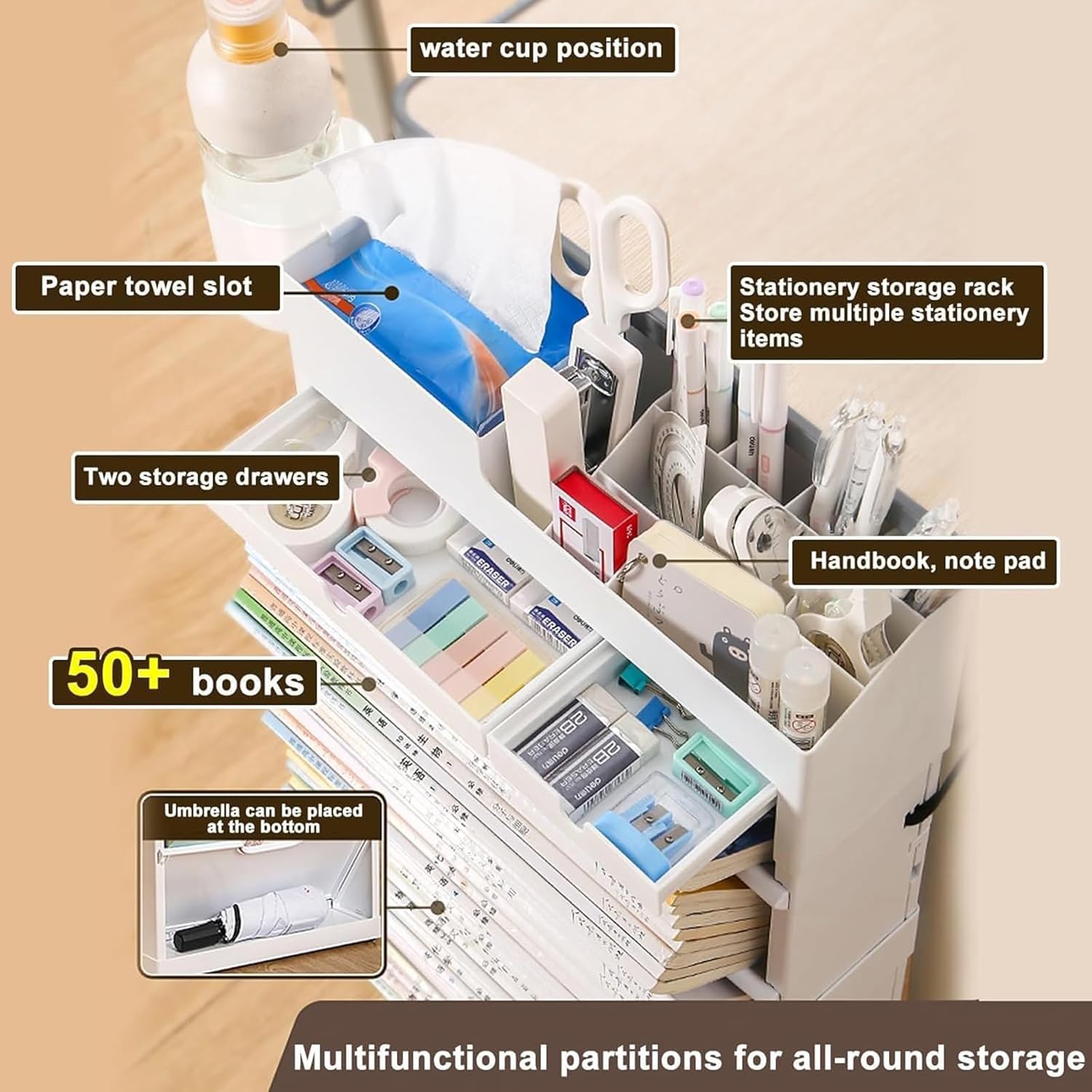 Book cartRolling File cart 6 Tier, 3.93INCH Rolling Book cart with Slanted Shelves Utility Storage cart Foldable Bookcase Perfect Display for Office, Home, School