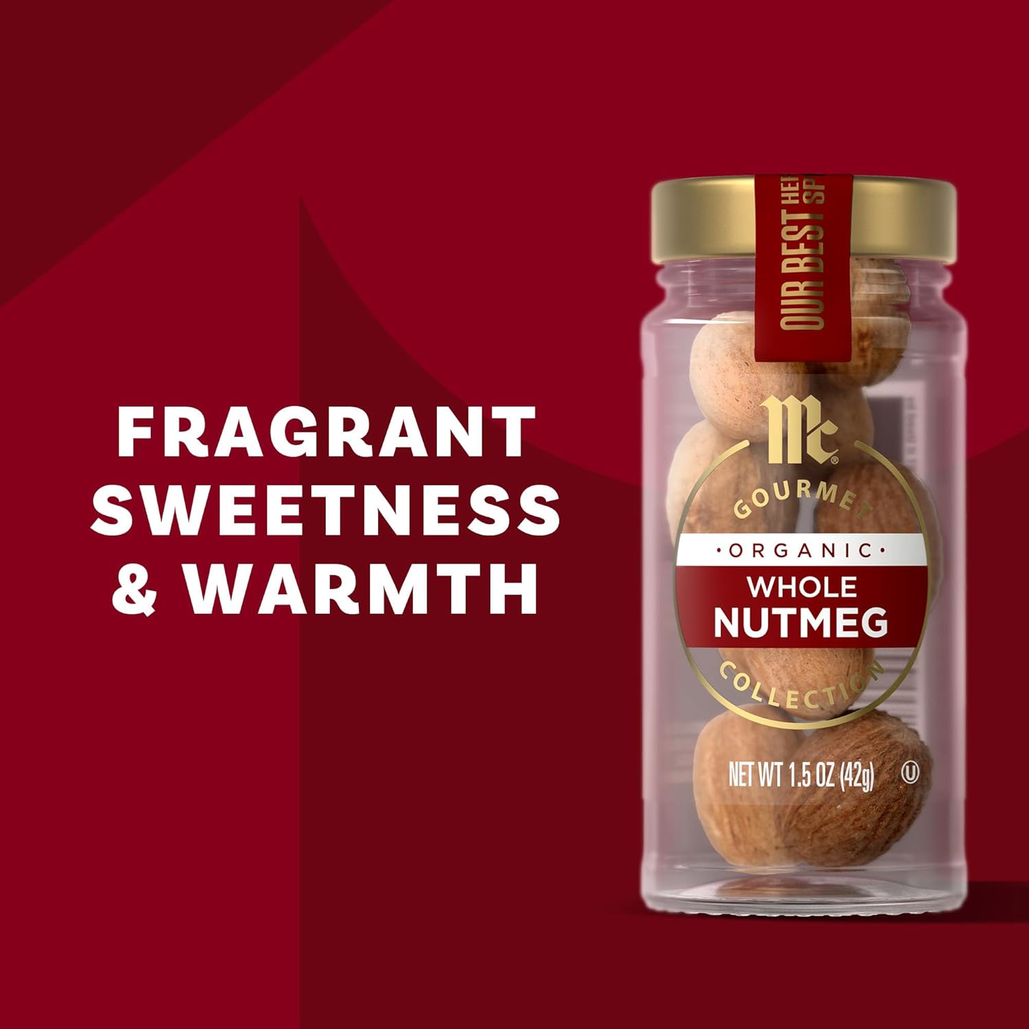 McCormick Gourmet Collection Nutmeg, Whole, Organic, Non GMO, Our Best Herbs & Spices, Fragrant, Sweetness and Warmth Enhances Eggnog, Custards, Cookies, Spice Cakes & More, 1.5 oz