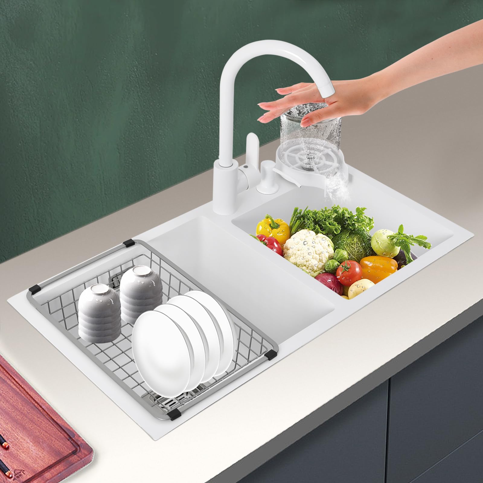 Évier de cuisine double en acier inoxydable avec robinet et égouttoir pour cuisine, restaurant ou bar, 71 x 38 cm, à 2 bacs, Topmount Undermount avec nano-vernis de cuisson (blanc)