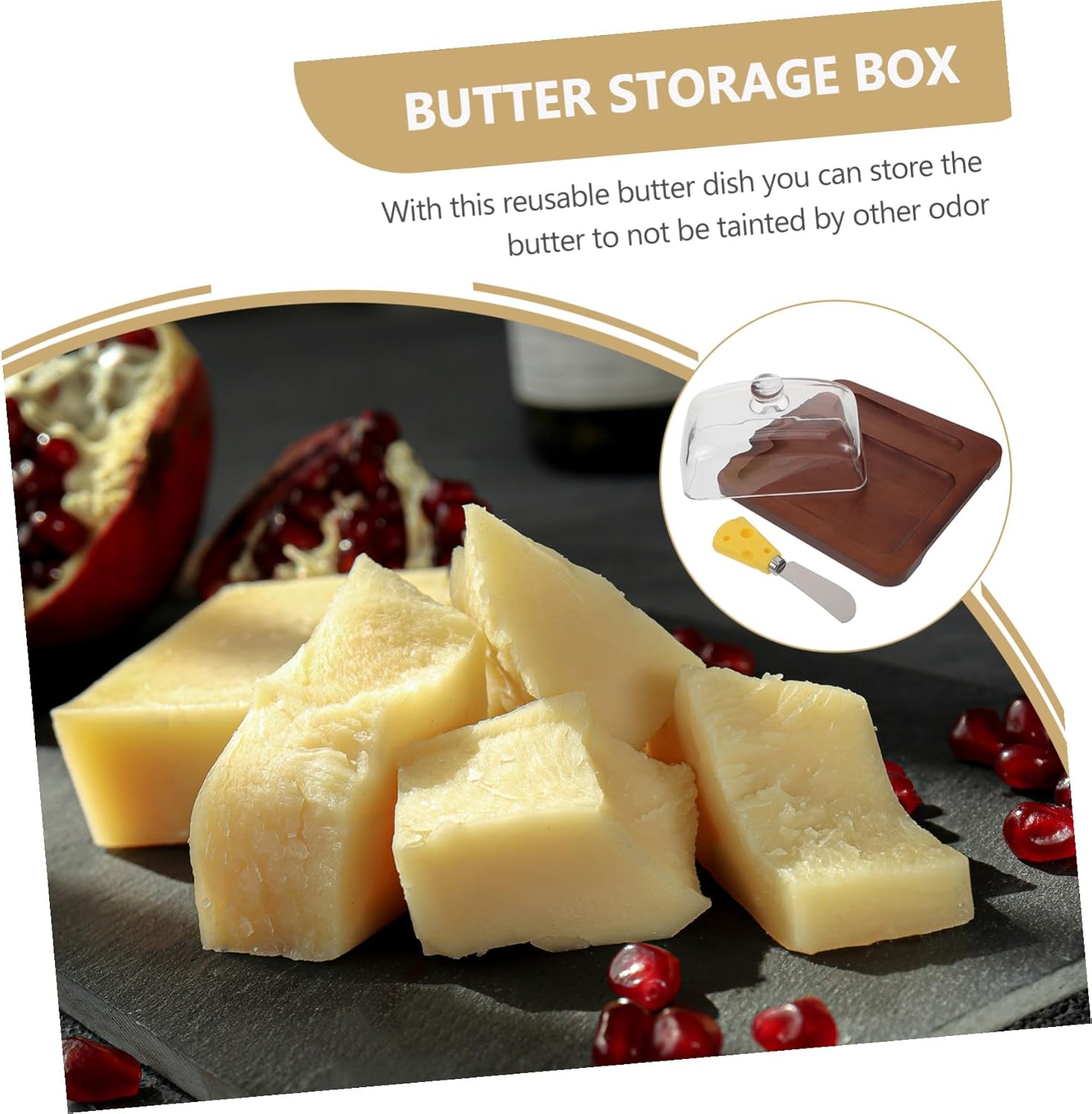 Alipis Wood Butter Dish with Glass Dome and Metal Cutter Reusable Square Butter Holder Tray for Kitchen and Refrigerator for Home and Restaurant Use