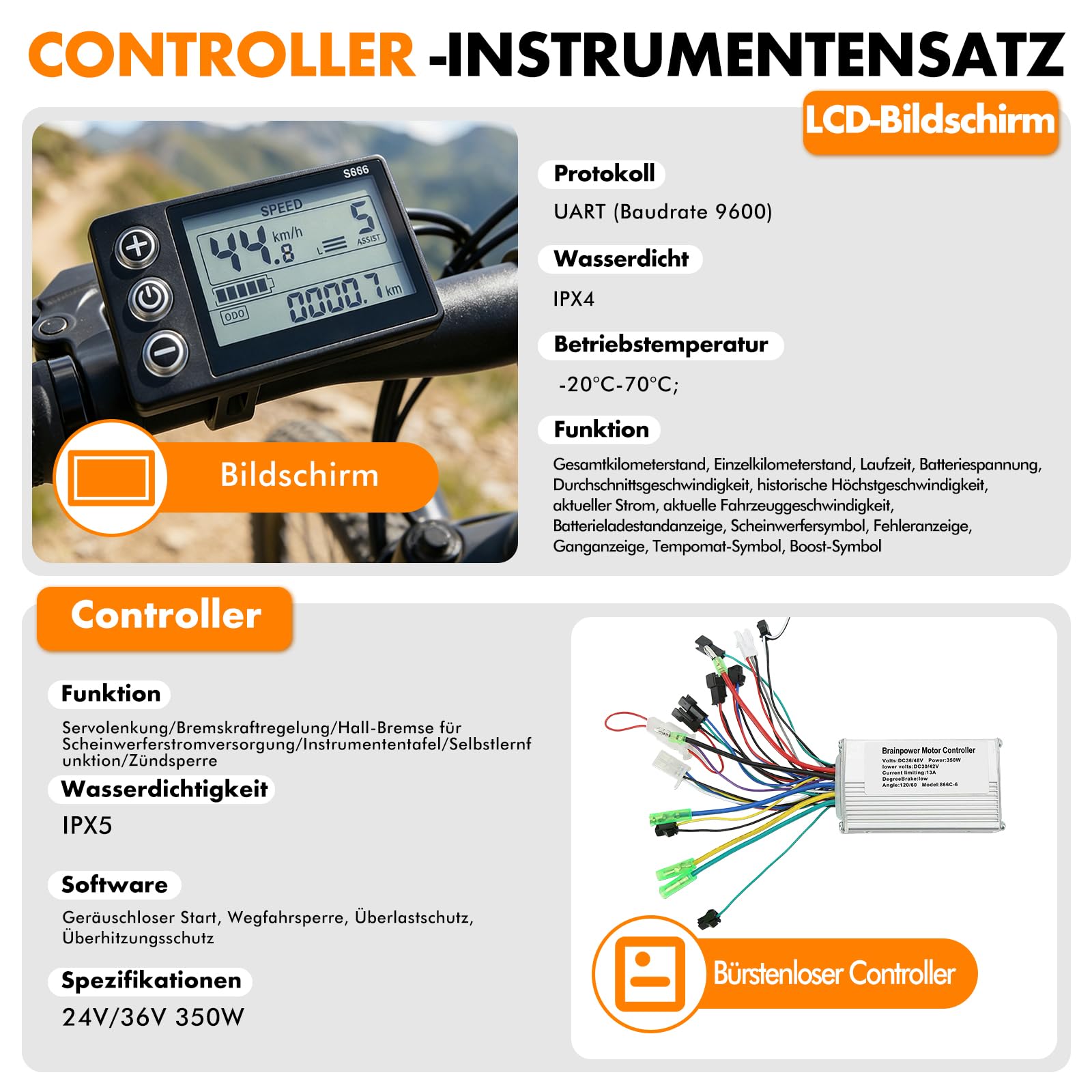 E-Bike Brushless Motor Controller Kit, 36V 48V 350W Bürstenloser Motor Controller mit wasserdichte S866 LCD Display, für Elektrofahrrad Elektroroller