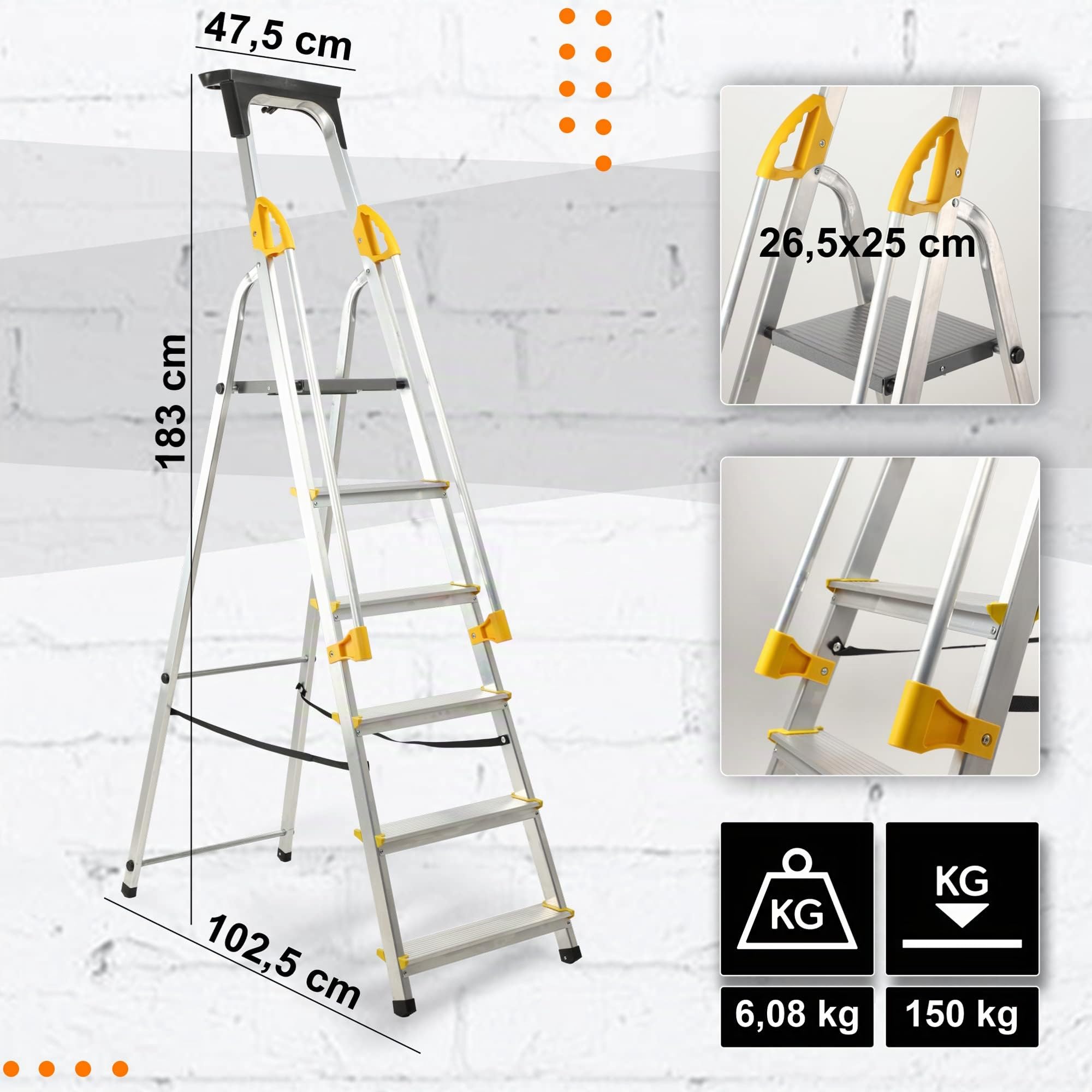 KADAX Échelle en Aluminium avec Une Capacité de Charge de 150 kg, Escabeau avec Conception Robuste pour Travaux Domestiques et Professionnels (6 Marches)