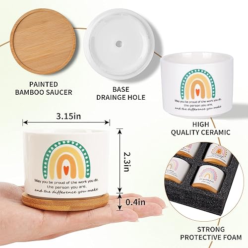 Miniatura 2 de SAIWEILAI - Juego de 9 macetas de cerámica para suculentas con bandejas de bambú, macetas redondas pintadas para decoración de escritorio interior,