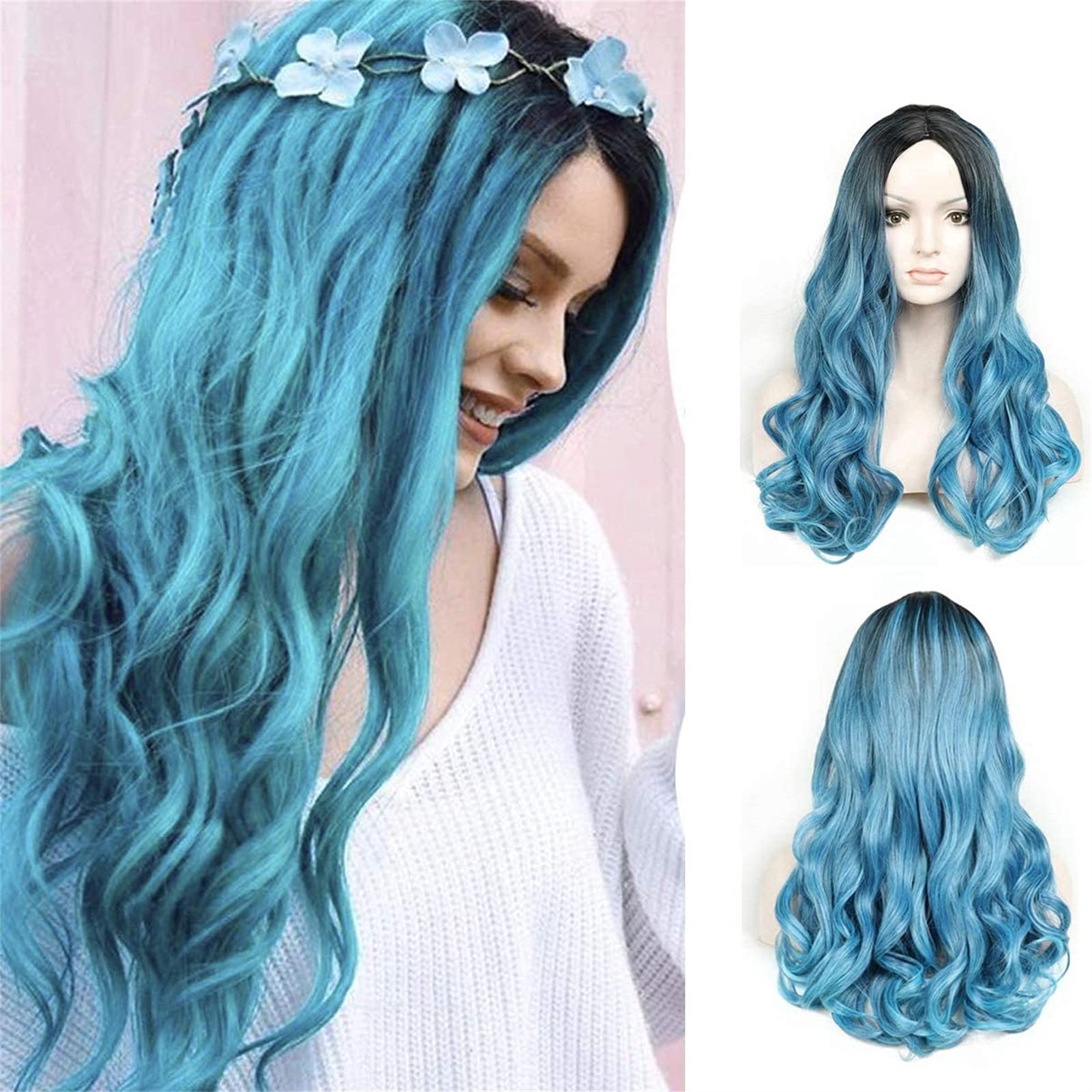 XZGDEN Hair Replacement Wig, Dark Blue Wig, Black and Blue Wig, Long Fluffy Loose Dasky Blue Synthetic Wig for Women Daily Festival Party Cosplay(22 Inch, Omber Ash Blue Wig),Pastel Wavy Wig