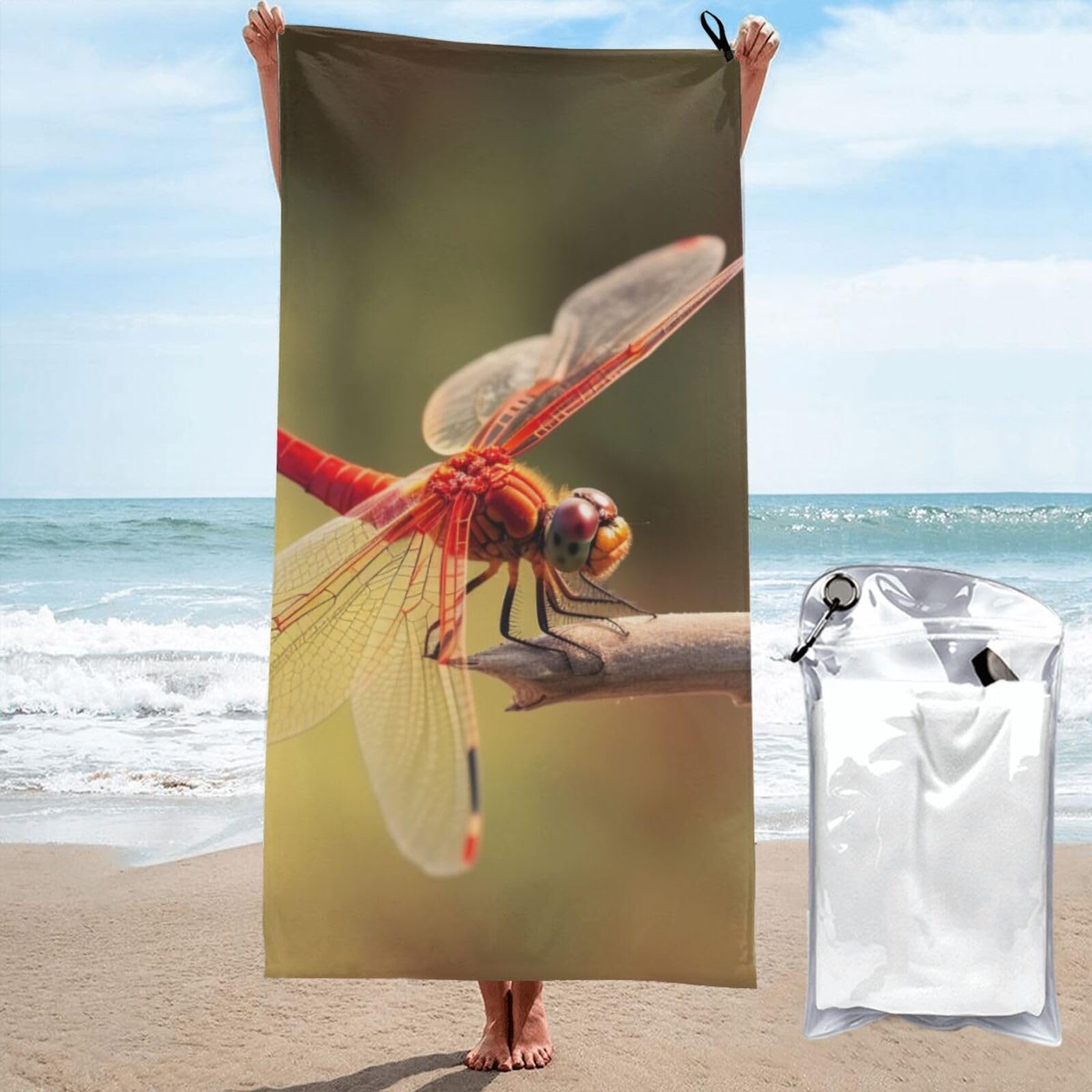 BWWHCCTI Red dragonfly Printed Microfiber Quick Dry Beach Towel 80x160 CM, Fast Drying Bath Towels with Bags for Travel,Camping,Gym,Beach,Swimming,Yoga