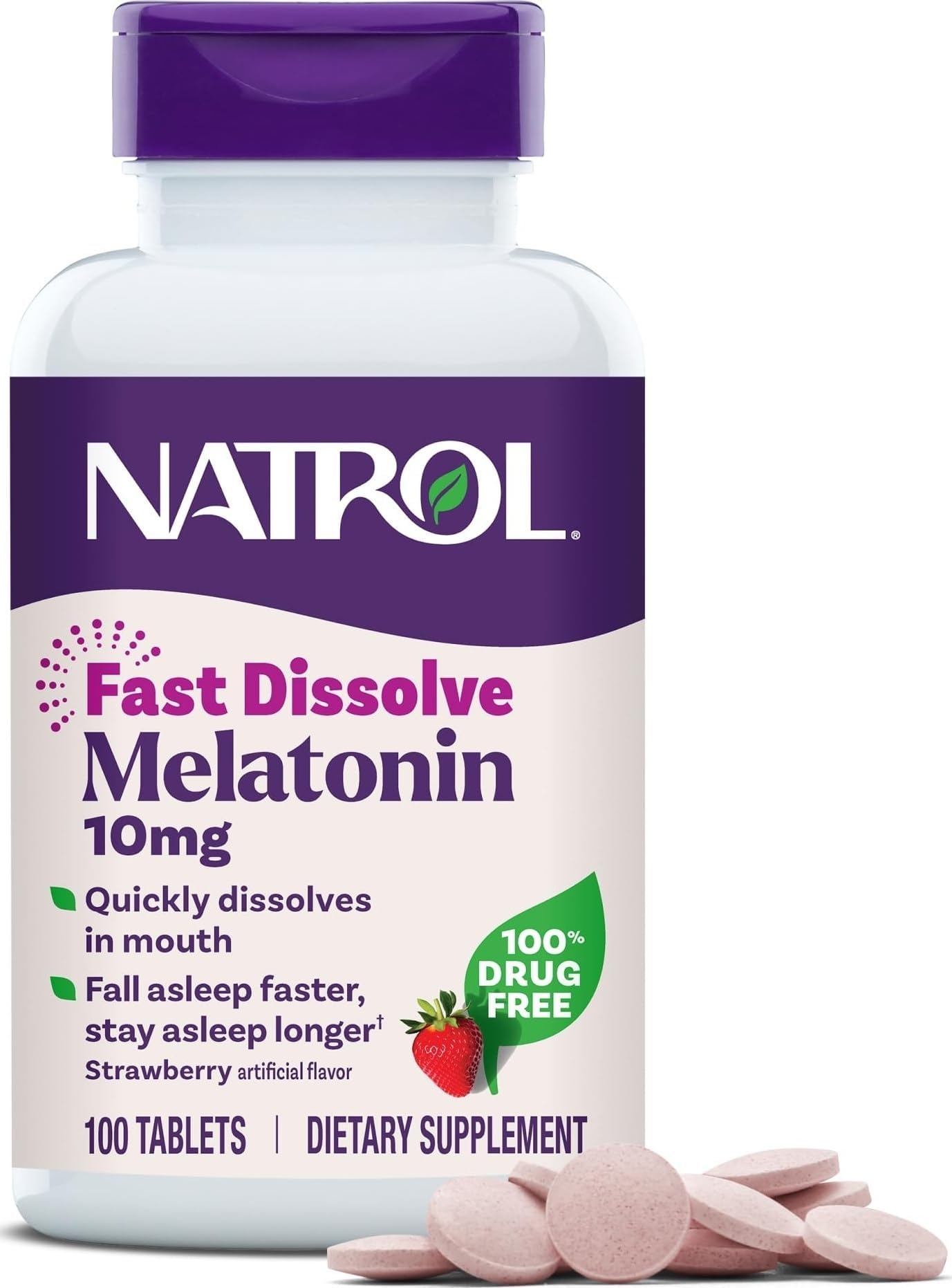 Natrol Melatonin 10 mg Fast Dissolve Tablets, Strawberry, 100 Count | Sleep Support for Adults, for Occasional Sleeplessness, No Water Needed, 100% Drug-Free, Non-Habit Forming