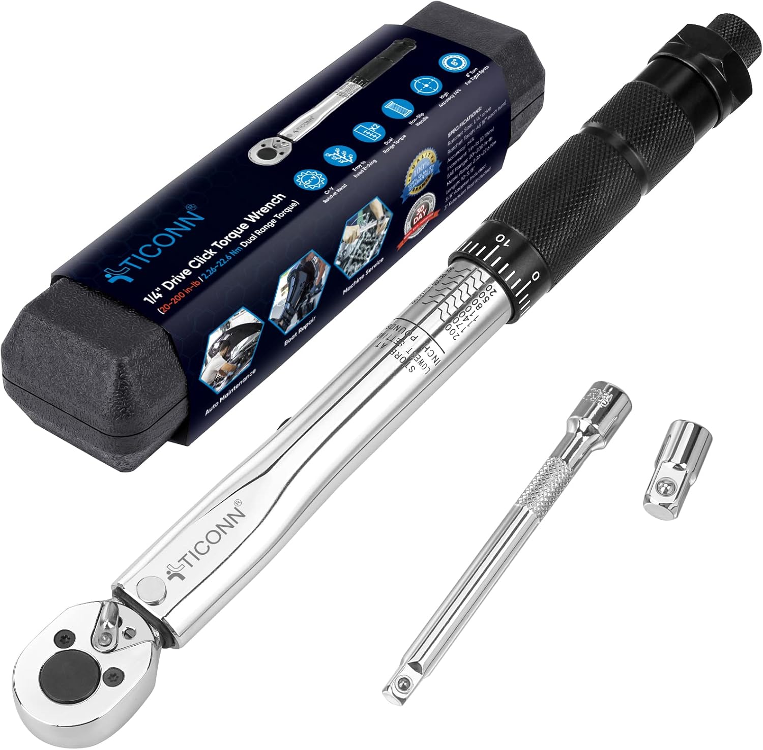 ticonn 1/4-inch drive click torque wrench, 20-200 in-lb, sae/metric dual range, chrome vanadium steel 1/4-inch, 20~200 in-lb