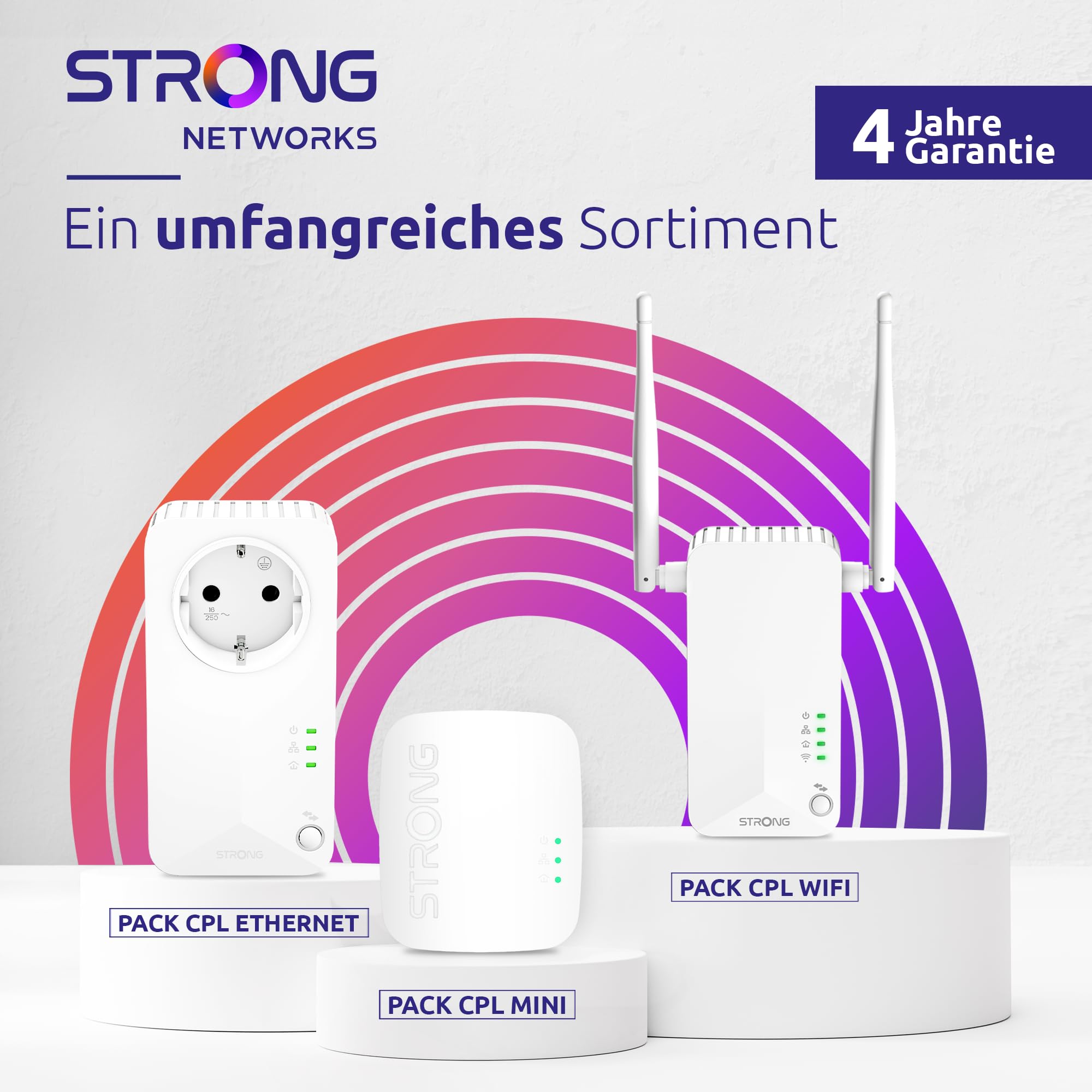 Strong - Powerline 600 Triple EU Set - 3 Powerline-Adapter 600 Mbps - Fast-Internetzugang - integrierte Steckdose - 300 m Reichweite - Für alle Router - LAN-Anschluss - Easy-Installation - weiß