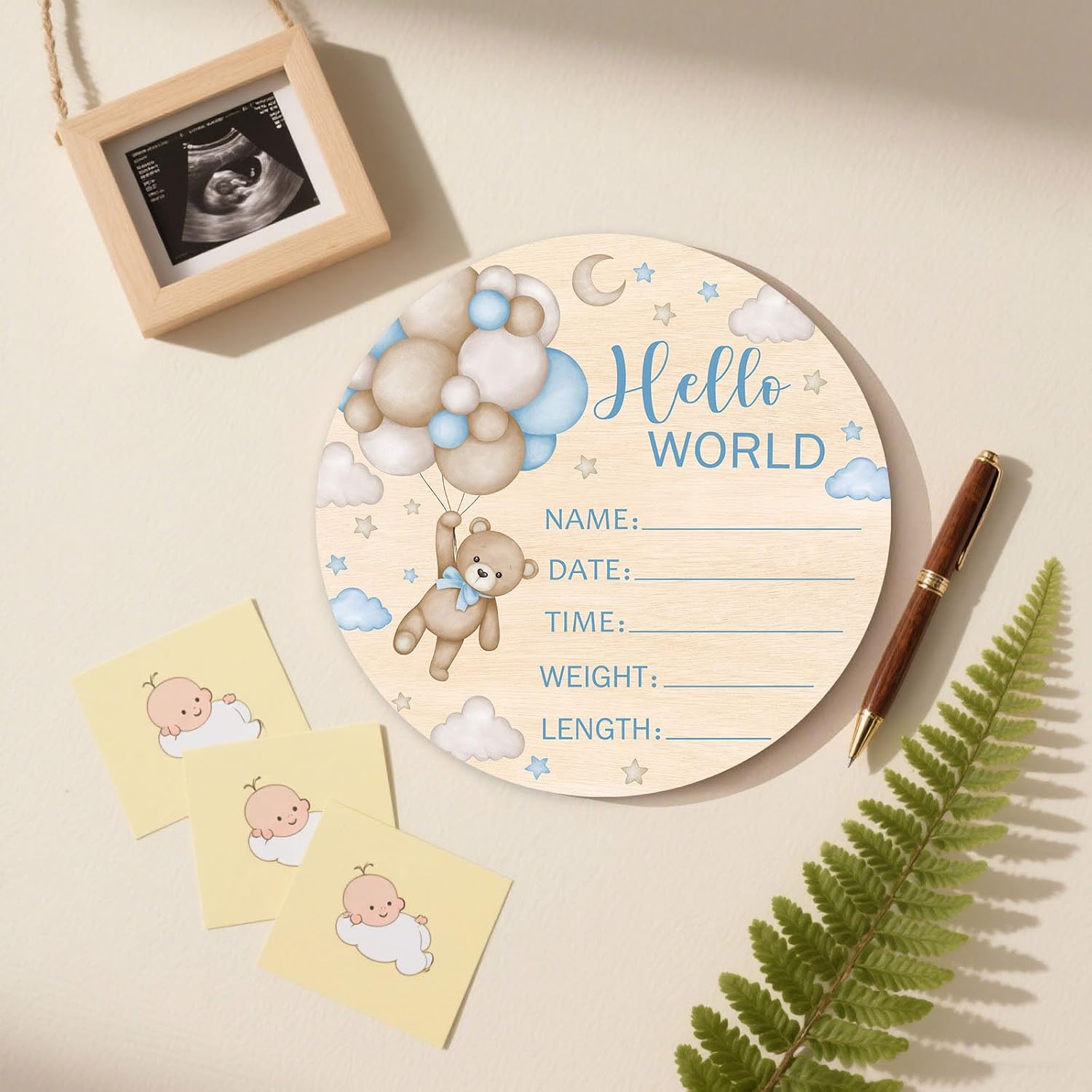 Andrain Double-Sided Wooden Newborn Birth Sign, Blue Bear Baby Announcement Sign, Bear Hello World Name Sign for Hospital, Gift for New Mom Baby Shower, Photography Prop