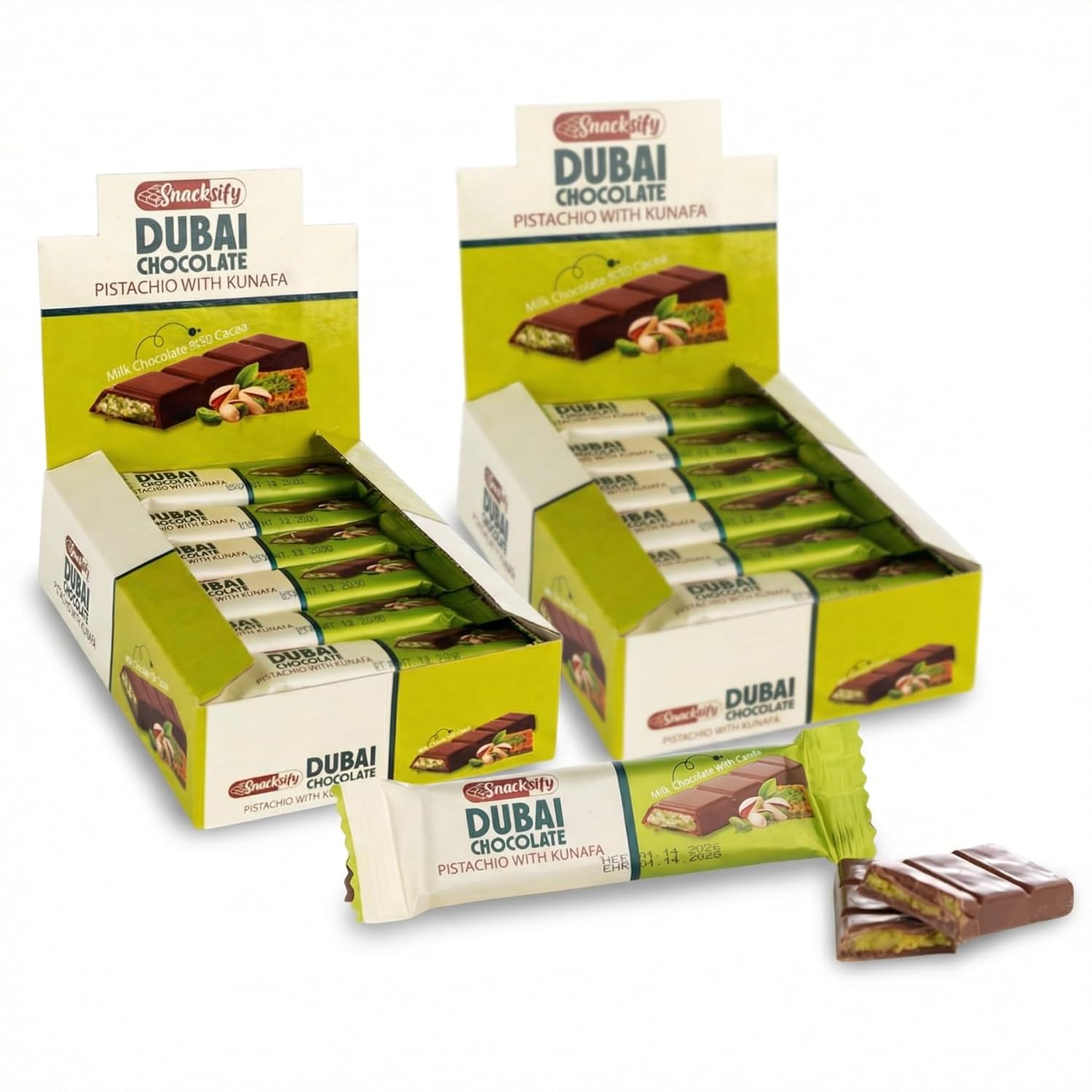 Dubai Chocolate Bar (Pack of 48) Kunafa Pistachio Bar- 27gr Total 1.43 pounds.-, Perfect for Gifting, Fresh Daily Production 48 Pieces Dubai Chocolate with Shredded Phyllo Dough Gift for Festival Celebration, Birthday, Family, Friends & Corporate Office 45 ounces