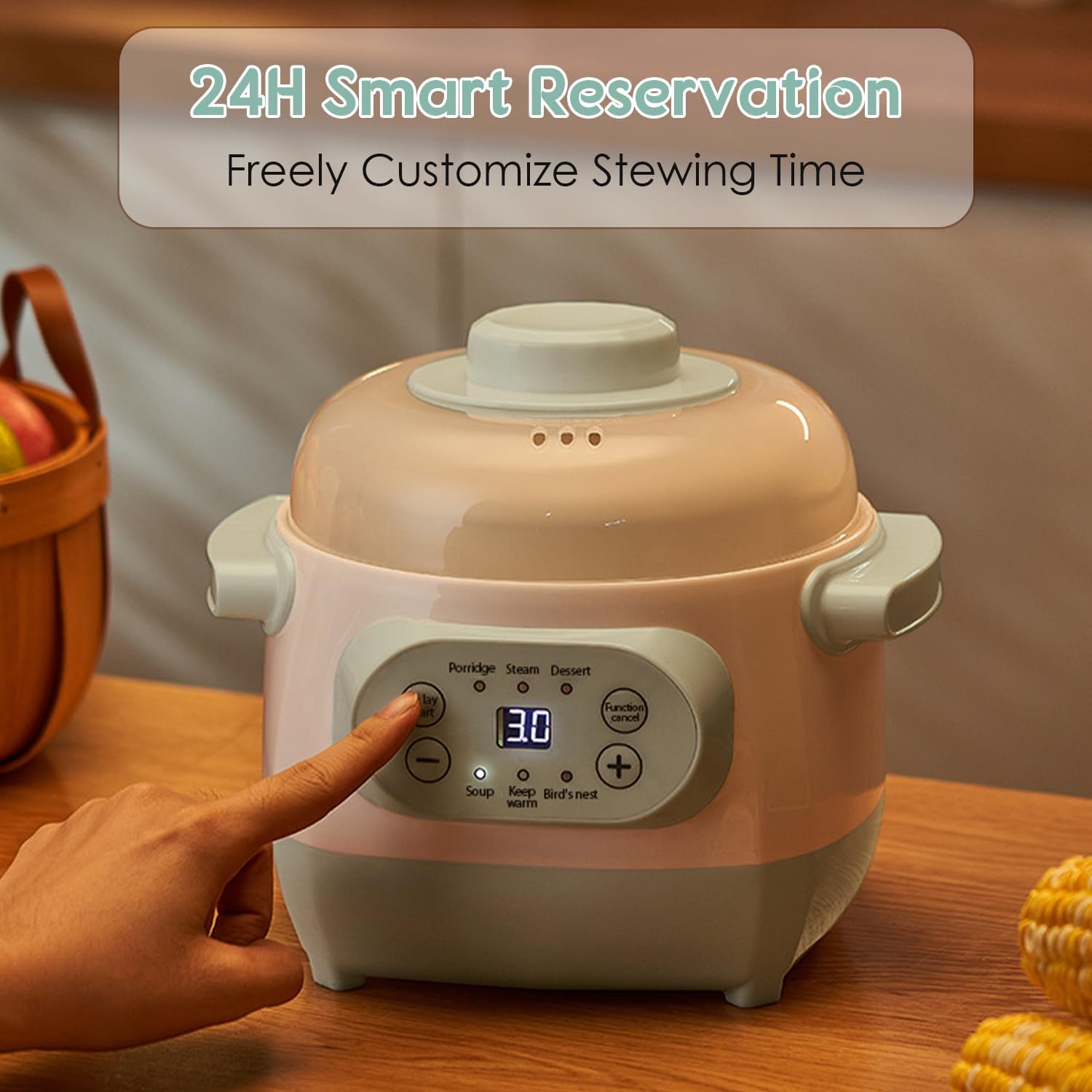 1L Electric Ceramic Stew Cooker, 110V 200W Slow Mini Soup Porridge Cooker with Lid 6 Cooking Modes Digital Pot Appointment Timing Green