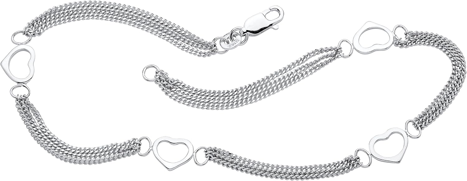 PalmBeach Sterling Silver Triple Strand Heart Ankle Bracelet(7.5mm), 10 inches