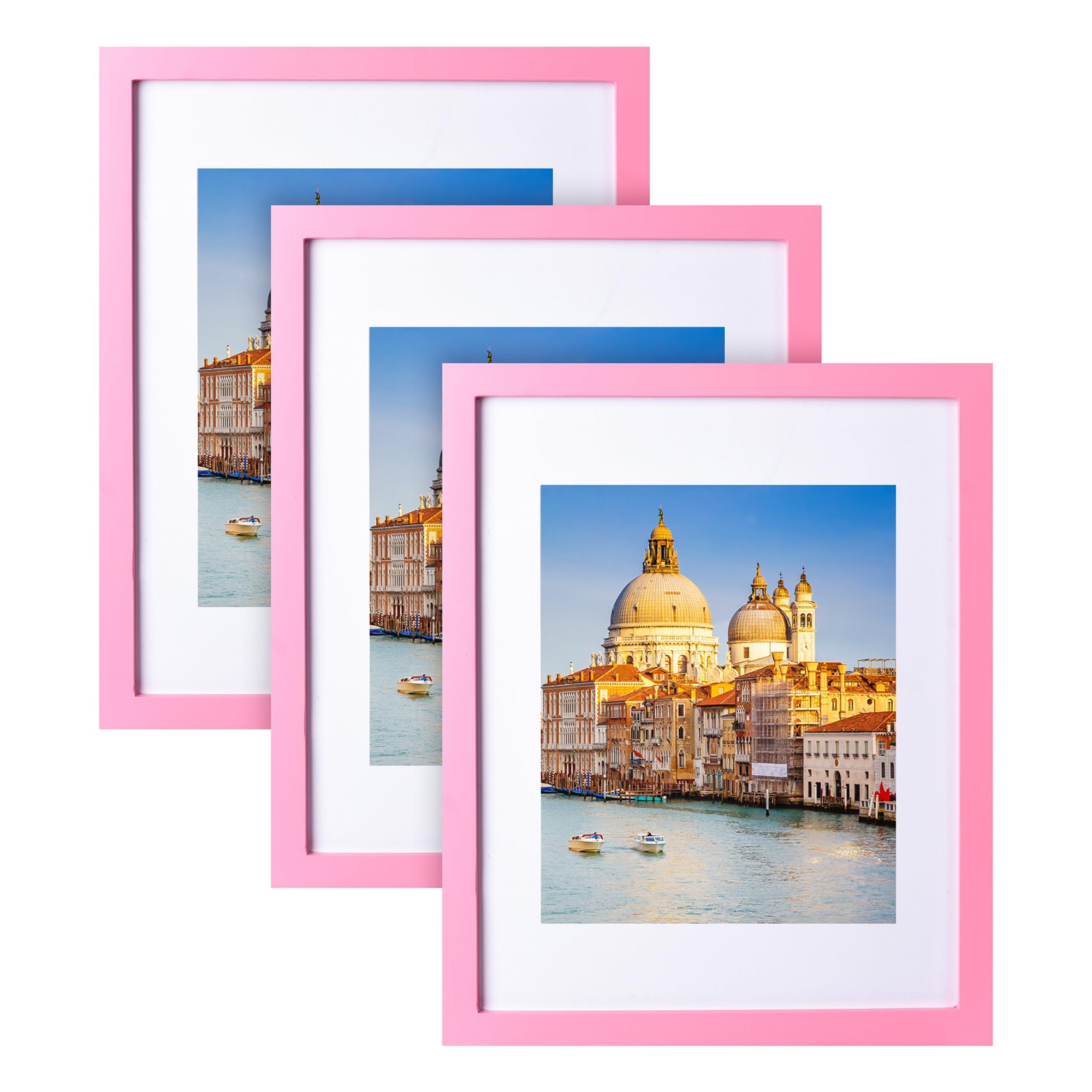 wyooxoo 11x14 Picture Frame Pink Solid Wood Photo Frames Display Pictures 8x10 with Mat or 11x14 Without Mat Colorful Frame For Tabletop Display or Wall, Set of 3