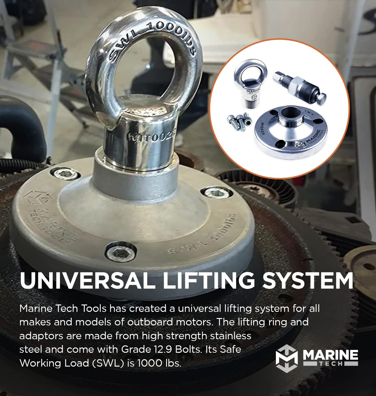 Marine Tech Tools Outboard Lifting Kit, Universal Lifting Ring (AMT0022), Lifting Adapter for Mercury (AMT0024), Flywheel Puller for Mercury (AMT0023)