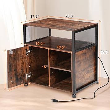 Rengue Lockable Lateral File Cabinet, Mobile Printer Stand Office Storage Organizer with Lockable Wheels & Charging Ports Height Adjustable Shelves for Home Office