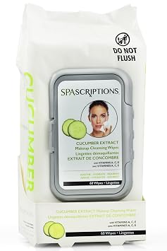 SpaScriptions Cucumber Cleansing Facial Wipes - Hydrating & Soothing Makeup Remover Wipes With Vitamin A, C & E For Moisturizing & Youtful Skin, Daily Use Face Wipes For All Skin Types, 1-Pack 60ct