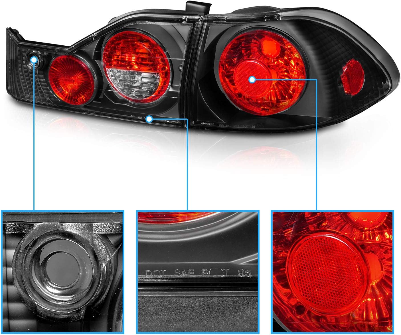 AmeriLite 1998-2000 4 Door Replacement Brake Taillights Black Set For 98-00 Honda Accord - Passenger and Driver Side