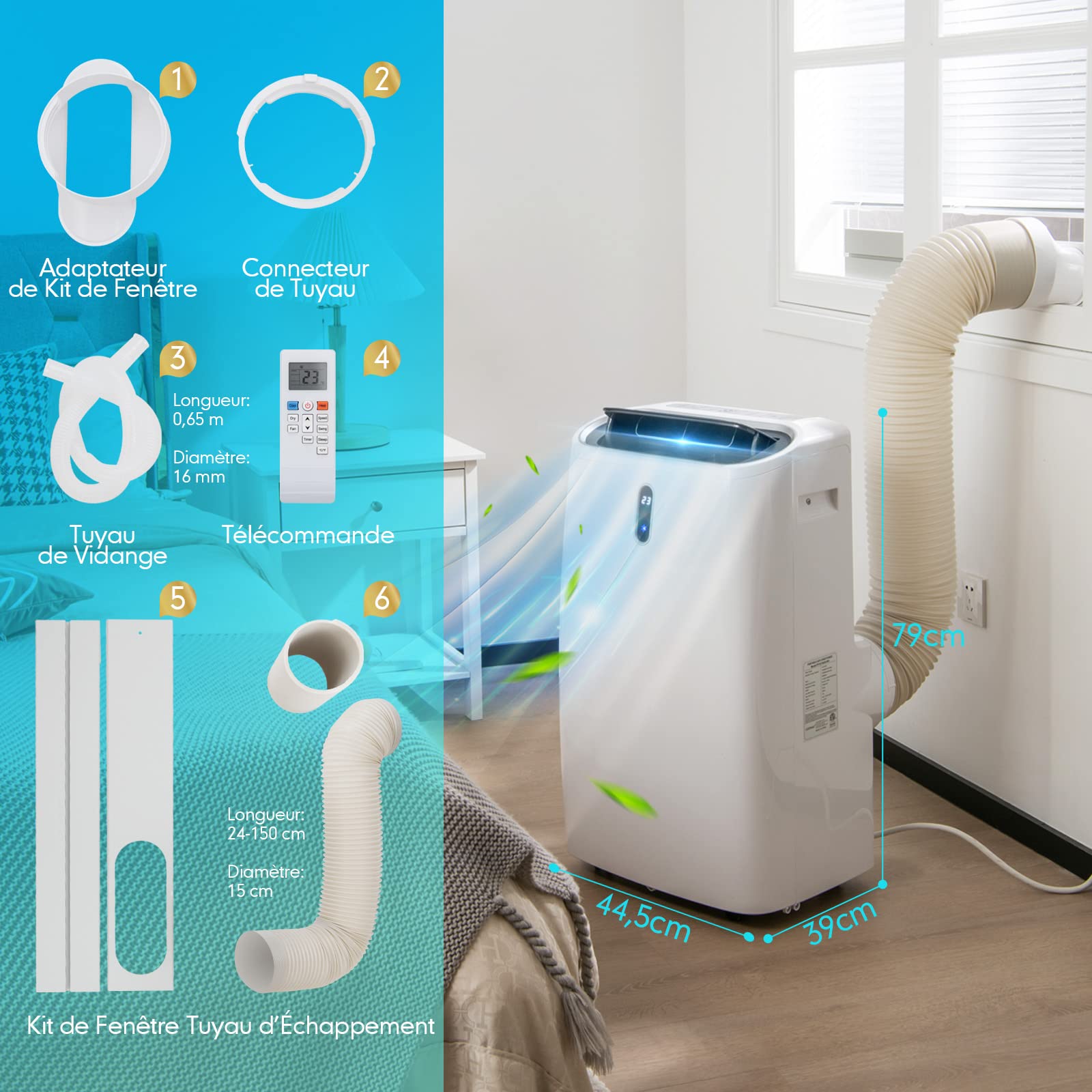 12000BTU Climatiseur Mobile 5 en 1, Refroidissement, Chauffage, Ventilateur, Déshumidificateur, Mode Nuit, Clim Portable [Classe Energétique A] | Leroy Merlin