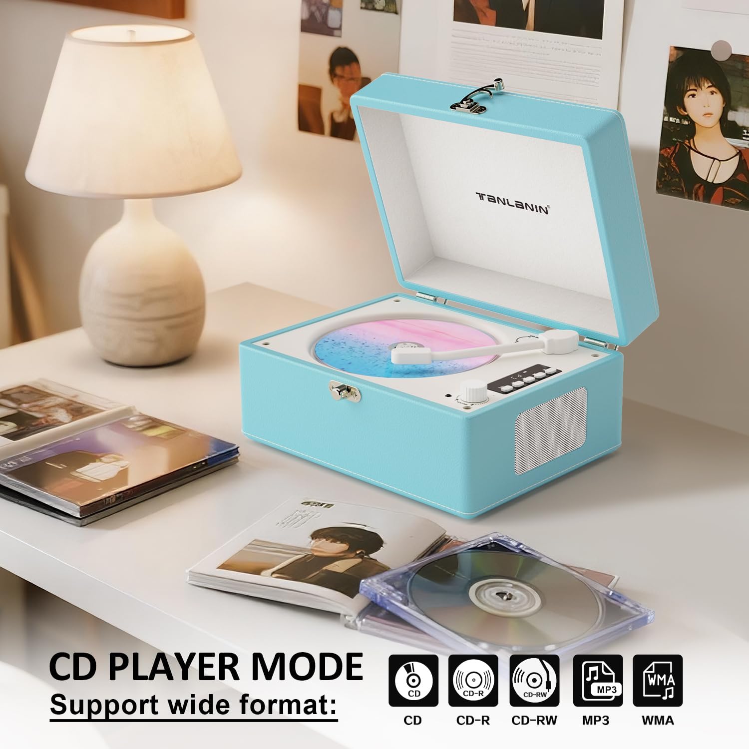 The TANLANIN Portable CD Player in CD Player Mode, showing supported formats: CD, CD-R, CD-RW, MP3, WMA.
