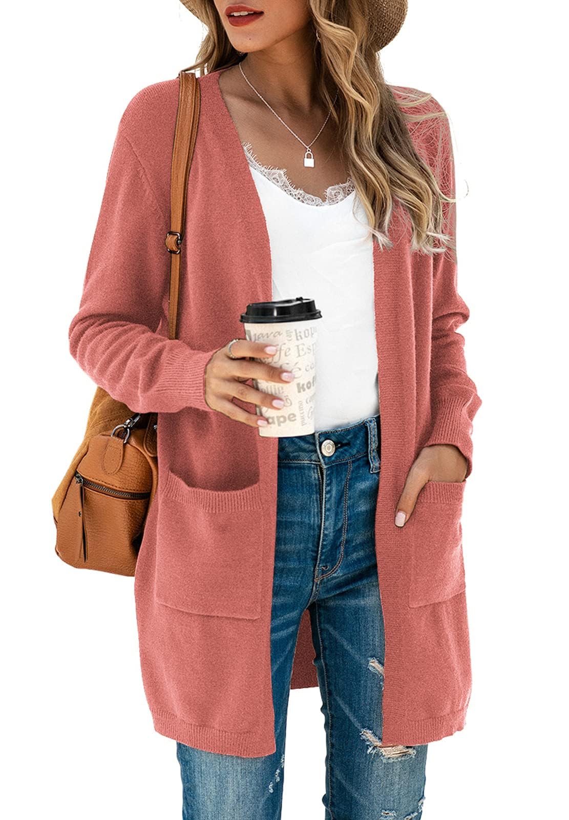 Saodimallsu Strickjacke Damen Lang Leicht Cardigan Langarm Open Front Strickpullover Einfarbig Freizeit Strickmantel Outerwear mit Tasche