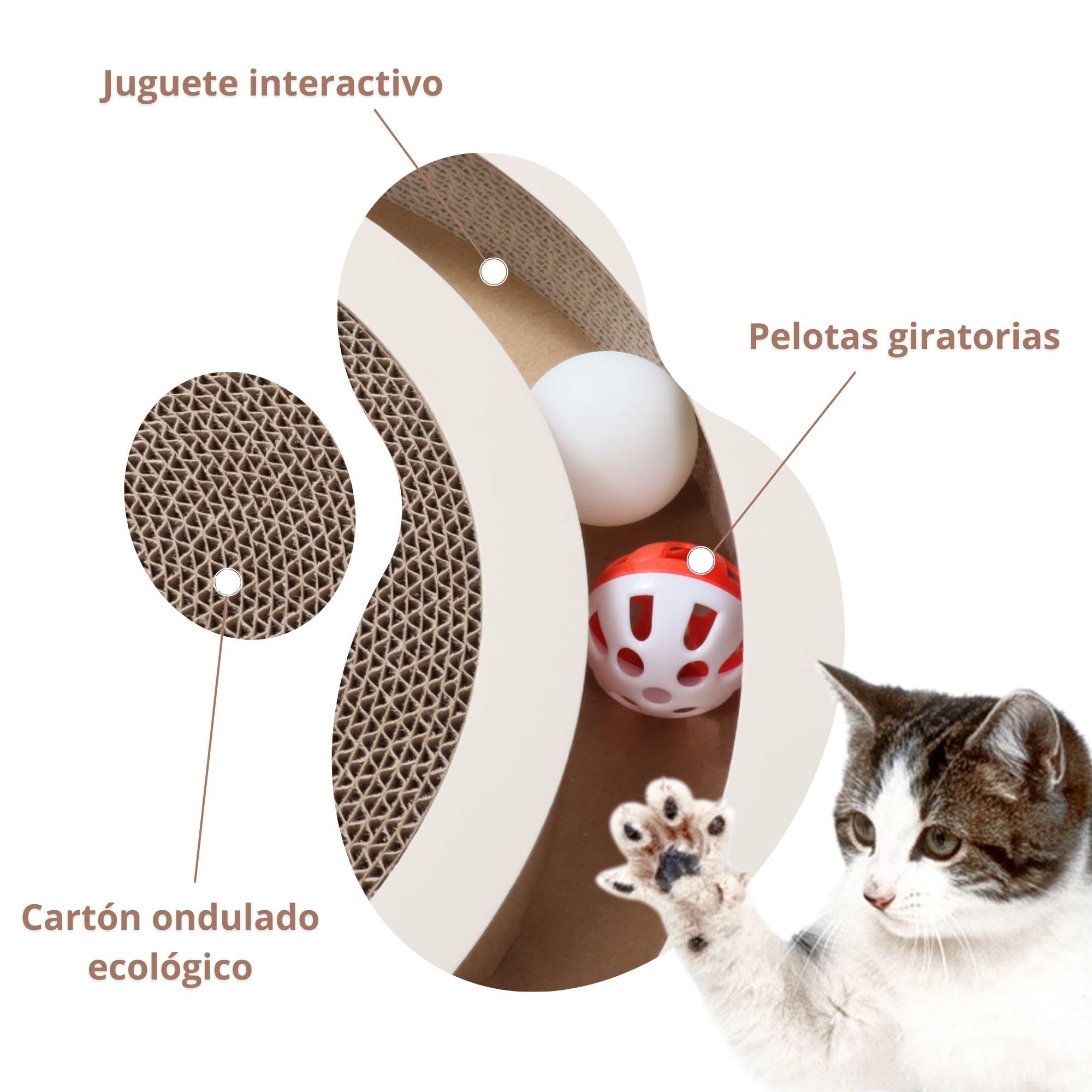 Juguete Rascador para Gatos Interior Timón Interactivo con Bolas Giratorias y Base Antideslizante | Cartón Corrugado Reciclado 2 en 1 para Interior | ALTHEA LIVING