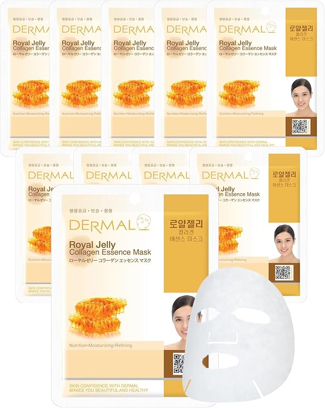 Máscara facial em folha DERMAL Royal Jelly Collagen Essence, pacote com 10
