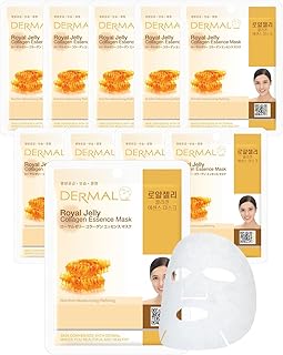 DERMAL Royal Jelly Collagen Essence Korean Facial Mask Sheet Pack of 10 - Intensive Moisture Therapy for Stress-Relief and Skin Elasticity - Hypoallergenic Skin Friendly Sheet