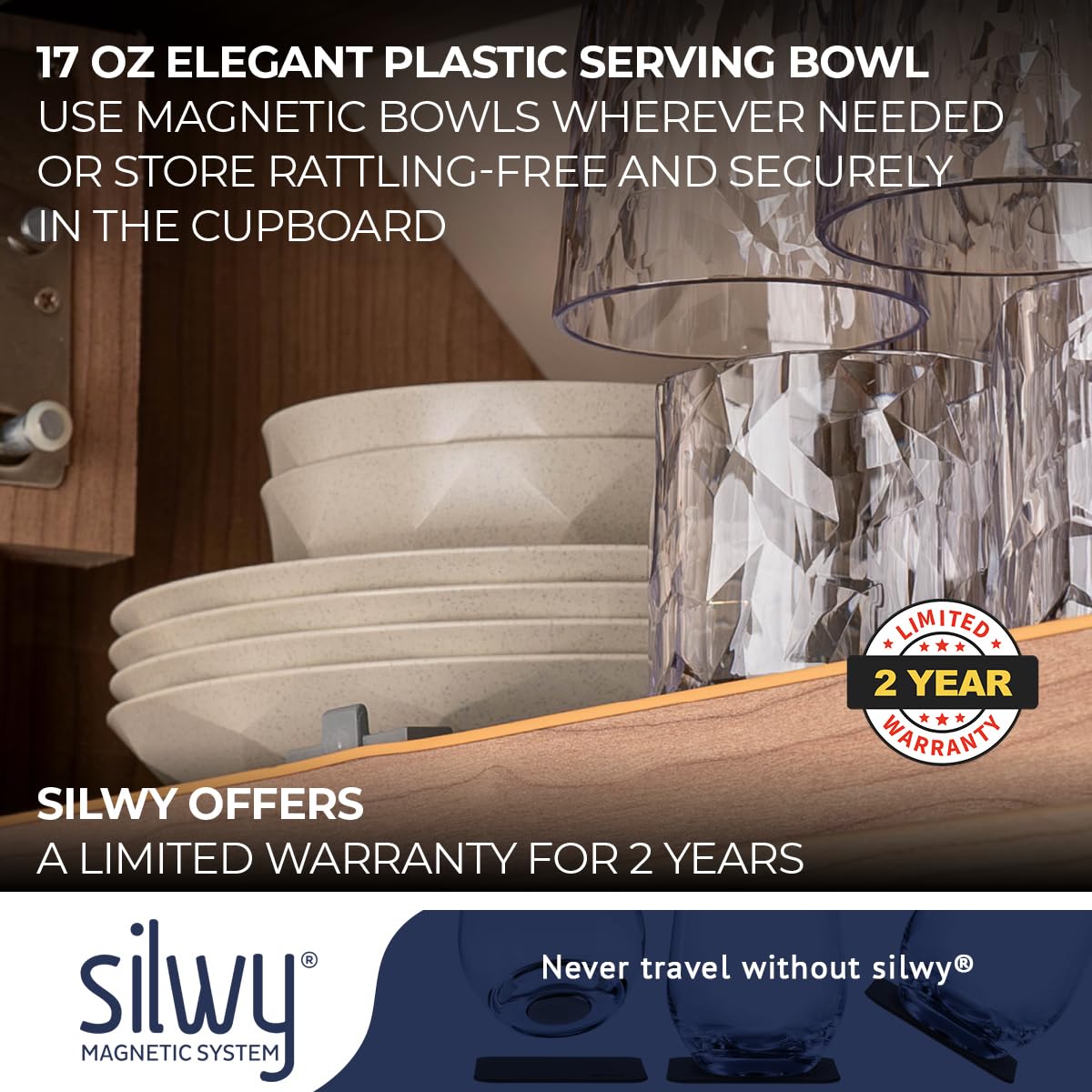 silwy® Super-Magnet-Bowl GREY (2er-Set) HIGH-TECH-Kunststoff - perfekt für Camping, Caravaning und Boating - rutschfestes Geschirr ohne jegliches Klappern stapelbar