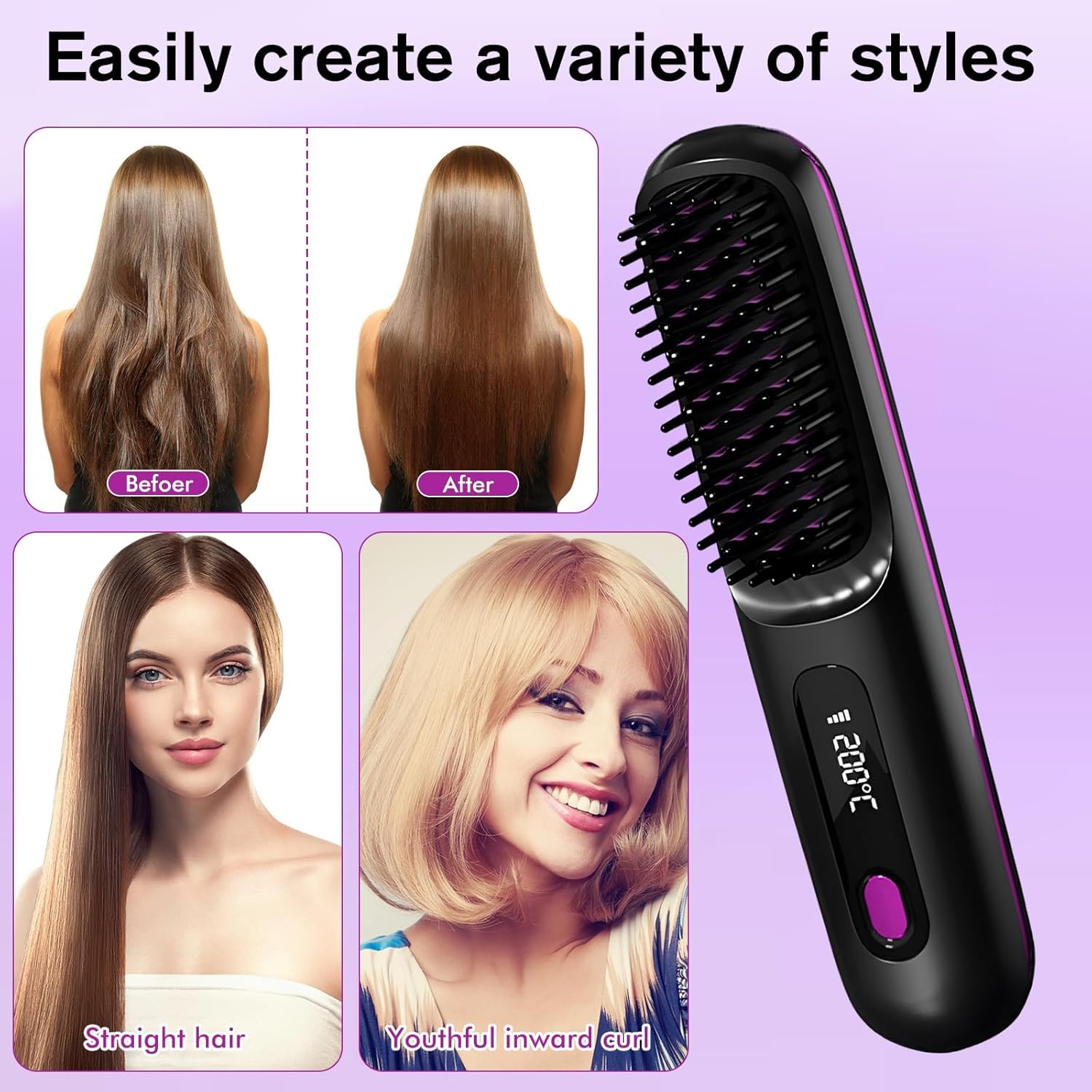 Brosse coiffante pour cheveux courts, brosse à cheveux électrique, brosse lissante sans fil avec affichage LED, 3 niveaux de température, portable, pour cheveux lisses et bouclés, idéale pour les