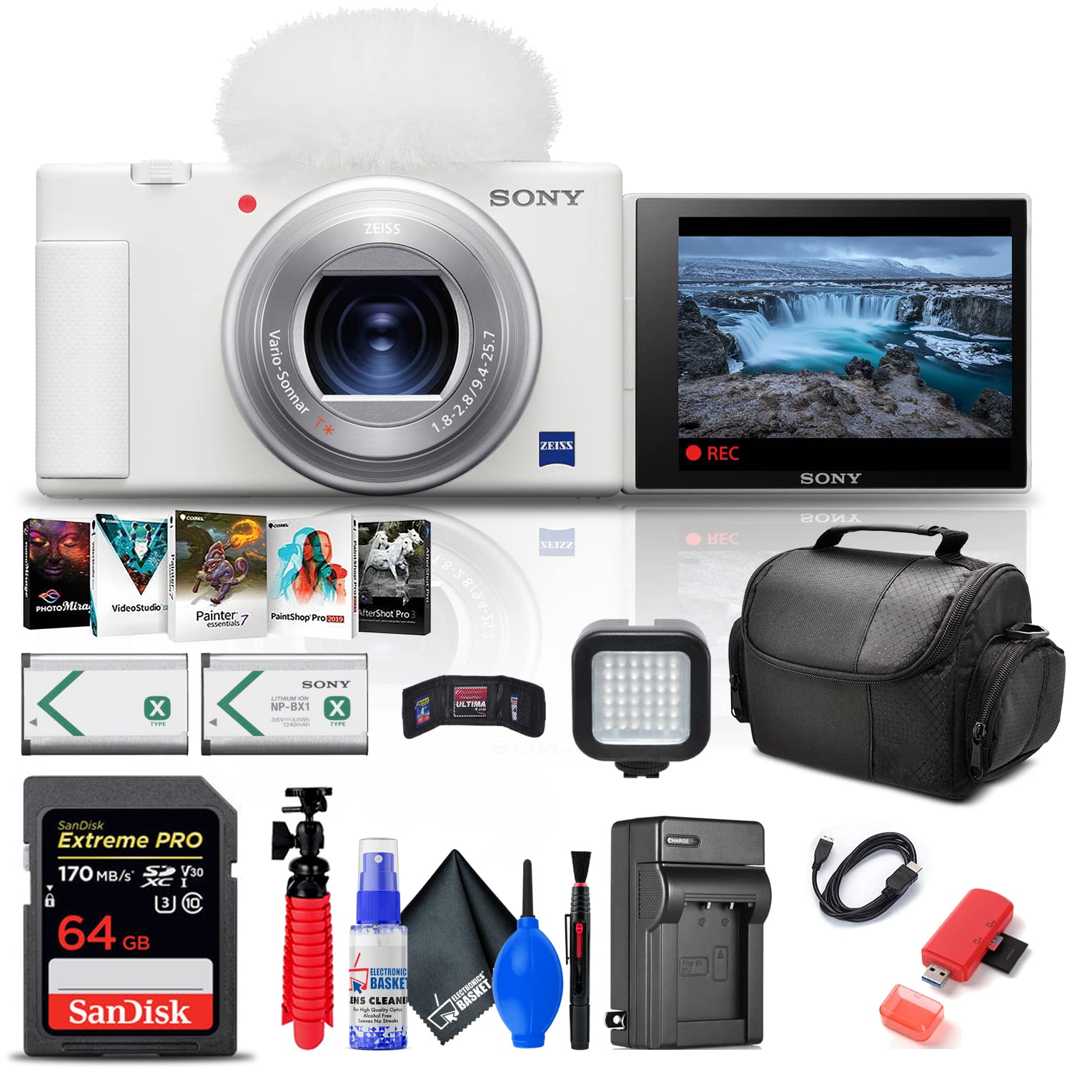 Sony ZV-1 Digital Camera (White) (DCZV1/W) + 64GB Memory Card + Corel Photo Software + NP-BX1 Batter