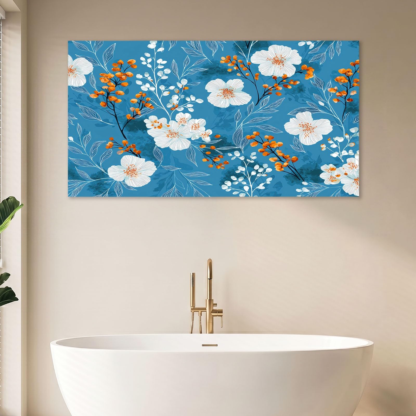 Obrazy na płótnie w stylu vintage, obrazy ścienne do salonu, 100 x 70 cm, druk artystyczny, obrazy na płótnie, niebieskie kwiaty, liście, jagody, dekoracja ścienna do korytarza, sypialni, jadalni i