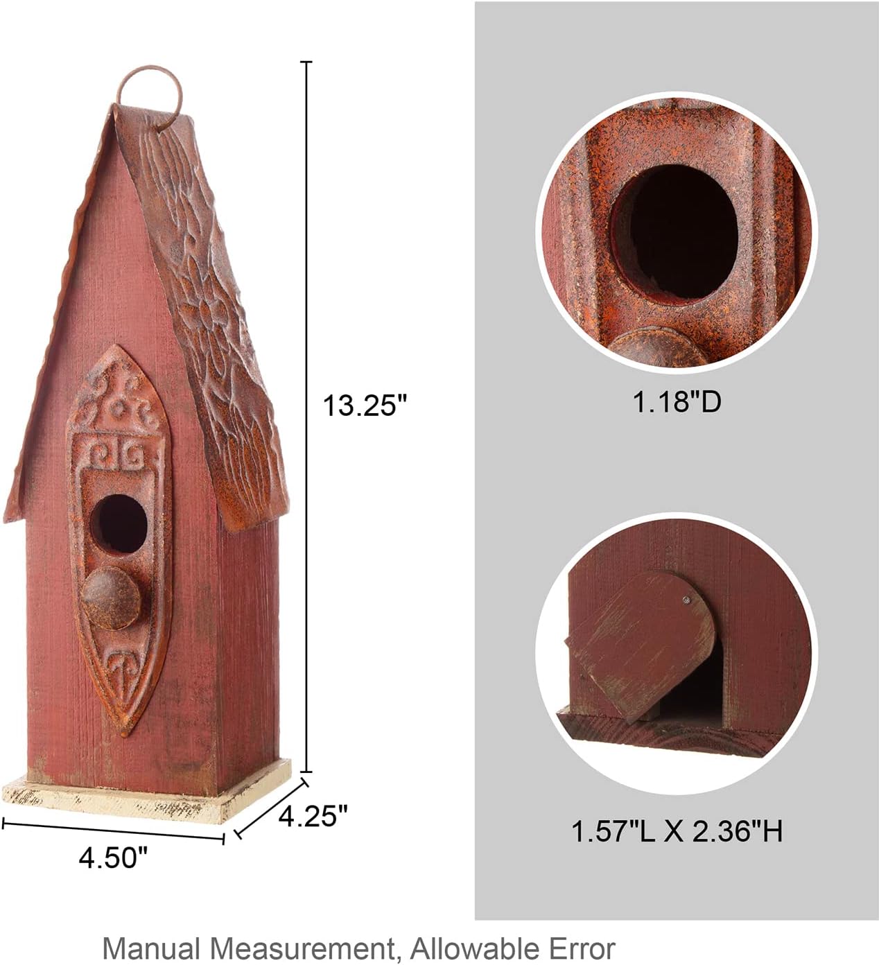 Glitzhome Bird Houses for Outdoor, 13.23" H Red Hand Painted Distressed Wood Garden Hanging Bird House for Bluebird Hummingbird Wren Finch Cardinals Cedar