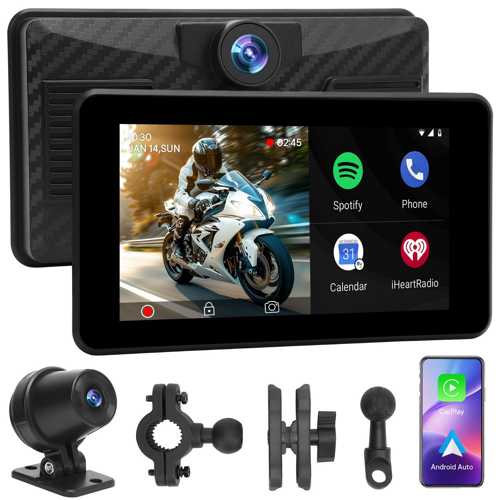 Pantalla Carplay Moto 5'' Impermeable IPX8, Navegador GPS con Carplay y Android Auto, Bluetooth 5.0, Cámara Frontal y Trasera 1080P para Moto