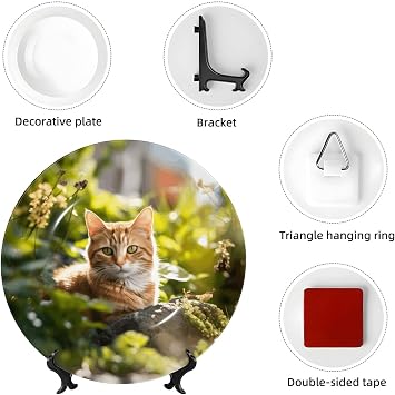 PHAYAH Cat in The Garden Pattern Bone China Decorative Plate 8in with Display Stand Dinner Plates for Home Study and Entryway Office Decor