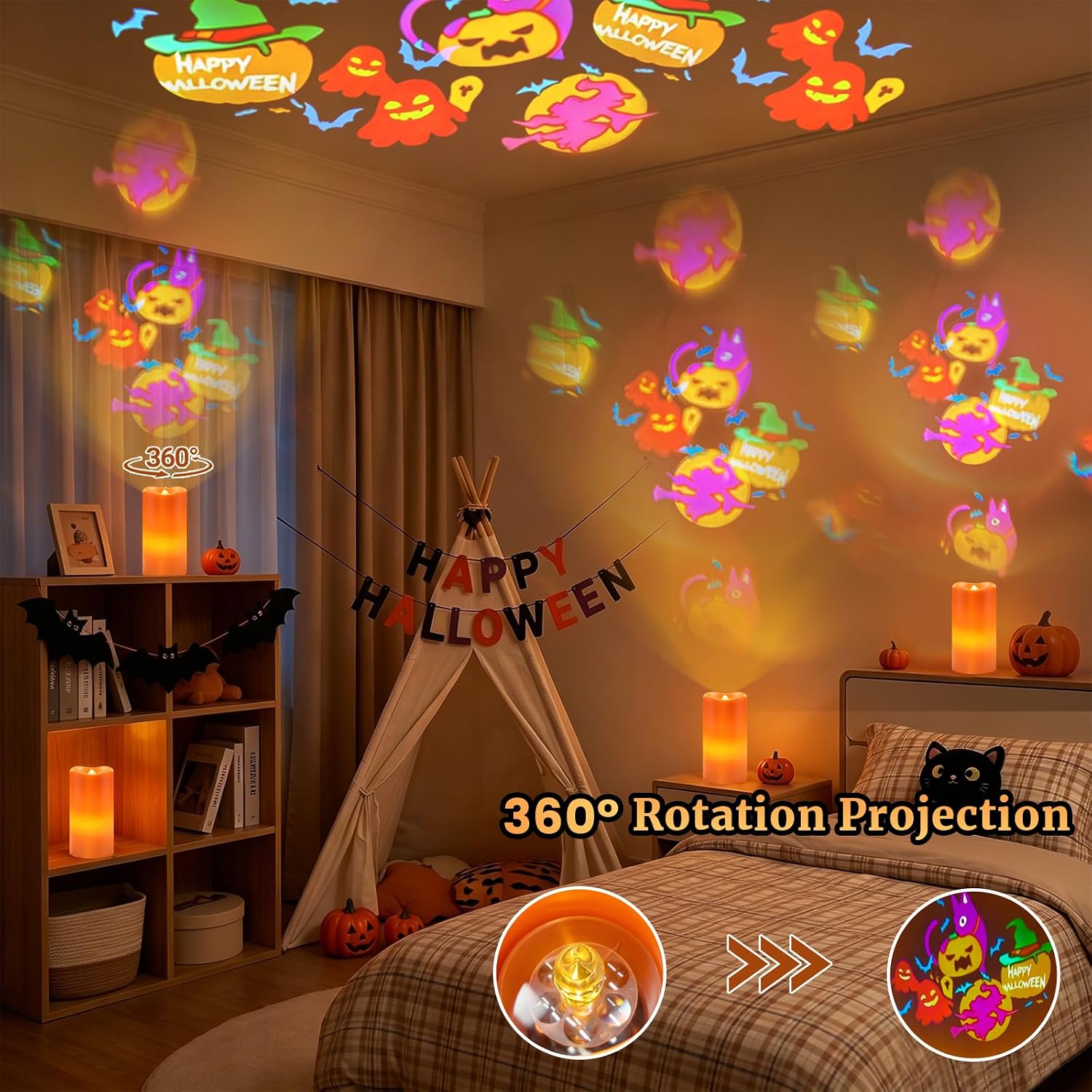 AVEKI Halloween Flameless Candles Projector, LED Pillar Candles with Remote and Timer, Battery Operated Romantic Projection Light for Wedding Home Decor, Gifts for Festival (Orange - Halloween) image 4