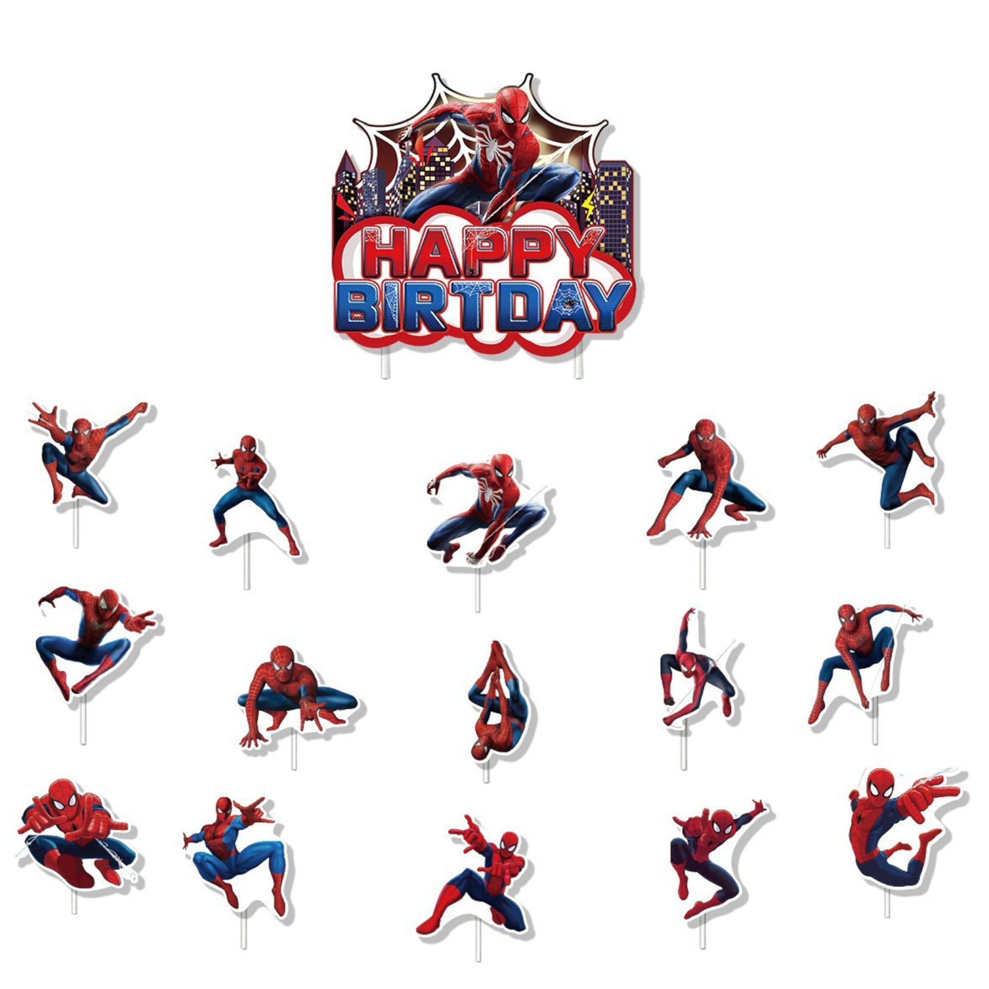 Doodle Kiddo Spiderman Birthday Cake Decorations – 16 Pcs Spiderman Happy Birthday Cake Topper Cupcake Topper Set – Spiderman Birthday Decorations Party Supplies – Superhero Cake Topper Set