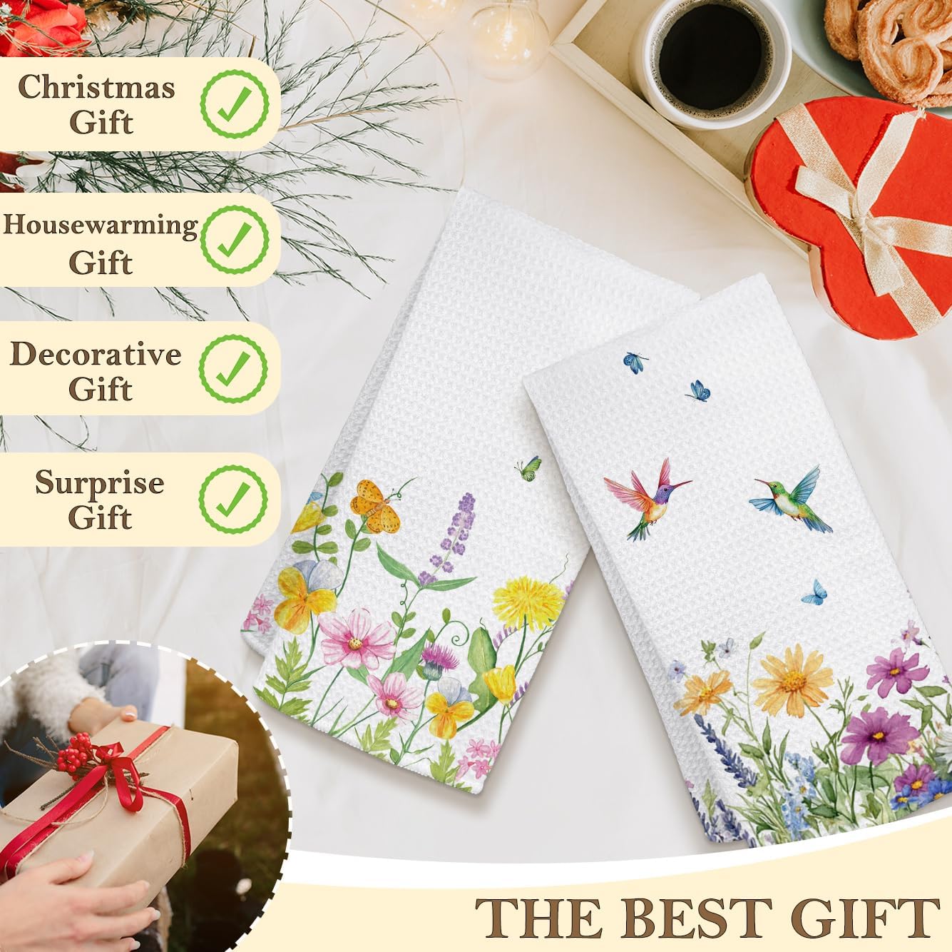 HIWX Spring Floral Decor Kitchen Towels Set of 2, Hummingbird Kitchen Towels, Seasonal Spring Summer Decoration Tea Towels Kitchen Hand Towels 16x24 Inch for Farmhouse Kitchen Bathroom Decor - Image 5