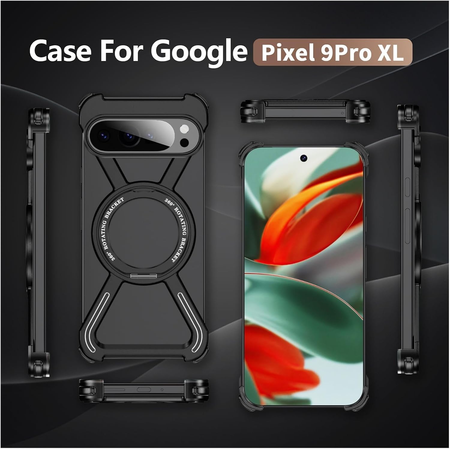 Magnetic Metal Case for Google Pixel 9 Pro/9Pro XL/9Pro Fold, Compatible with MagSafe, 360° Rotating Kickstand Aluminum Alloy Frameless Shockproof Protective Slim Cover(Gold,9 Pro Fold)