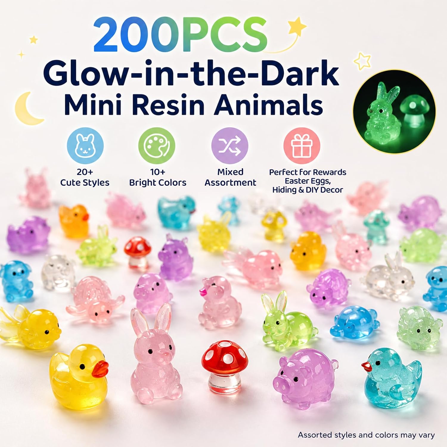200PCS Mini Resin Animals Variety Pack Glow in The Dark, Miniature Figurines in Bulk & Tiny Ducks, Mini Figures to Hide, Fairy Garden Accessories Outdoor, Desk Pets Toys, Small Little Plastic Animals