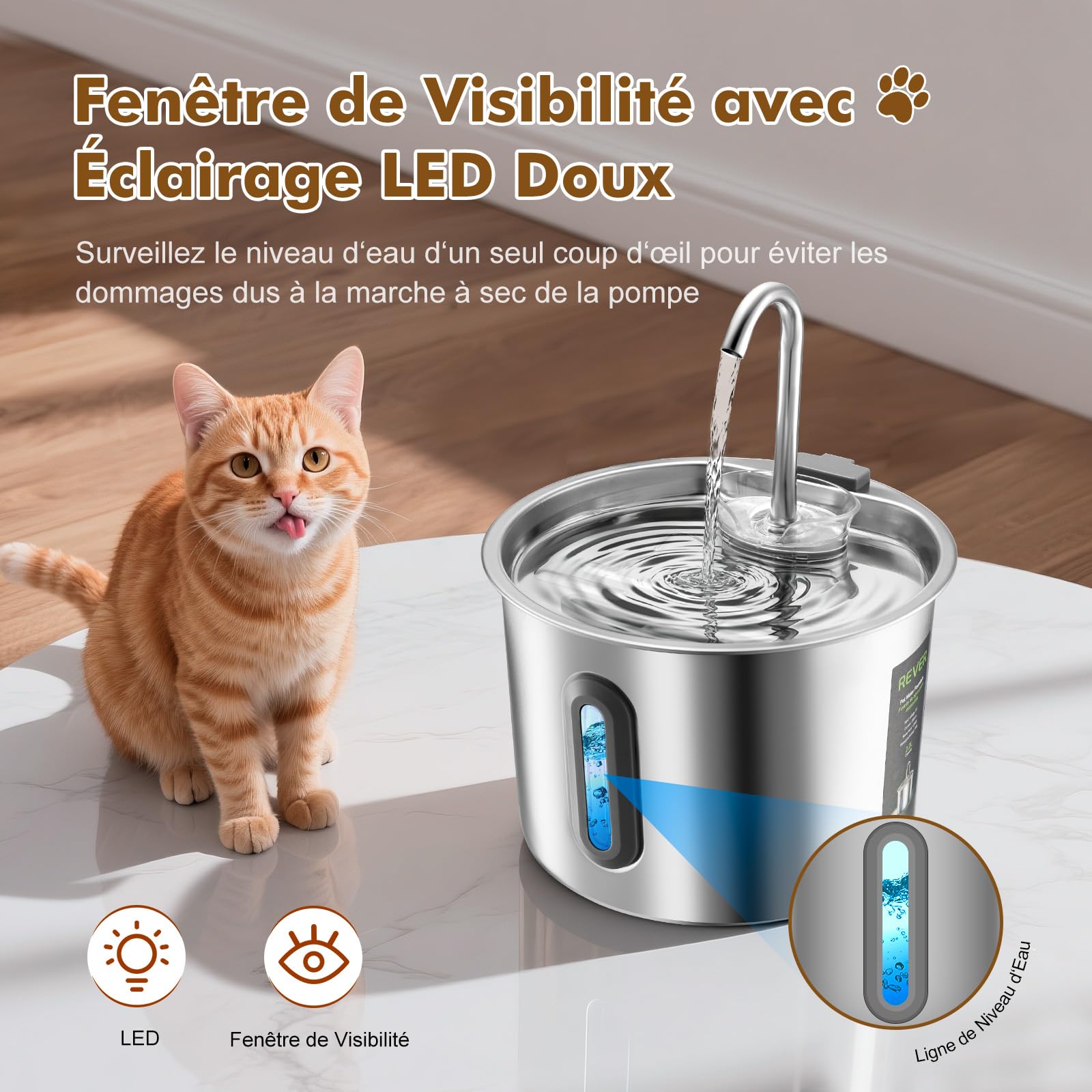 Fontaine a Eau Chat, Automatique inox 2,2 L pour chat et chien – Pompe ultra-silencieuse, fenêtre de niveau d’eau visible, avec filtre et éponge inclus – Idéale pour chats et petits animaux-Rever E101