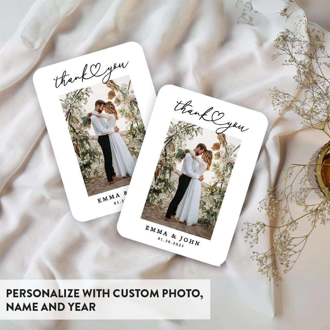 Andaz Press Personalized 5x7-Inch Photo Wedding Thank You Cards with Envelopes, Wedding Thank You Card with Message, Cursive Heart Custom Photo, Name, and Date, Modern Wedding Thank You Notes, 24-Pack