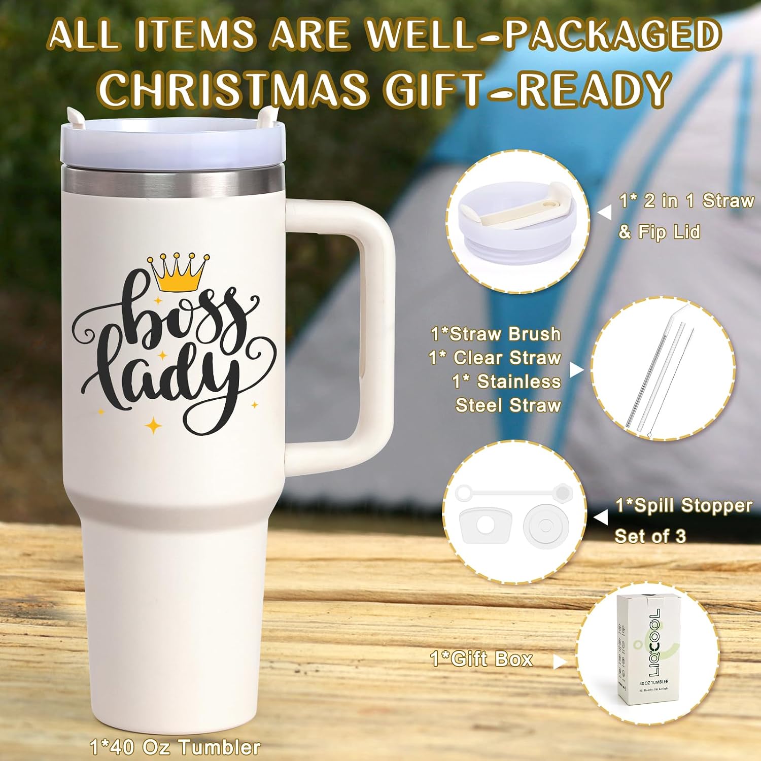 LiqCool Boss Gifts for Women - 40 oz Tumbler with Handle and Straw Lid, Great Gift Idea for Bosses Day, Birthday, Christmas (Cream) image 4