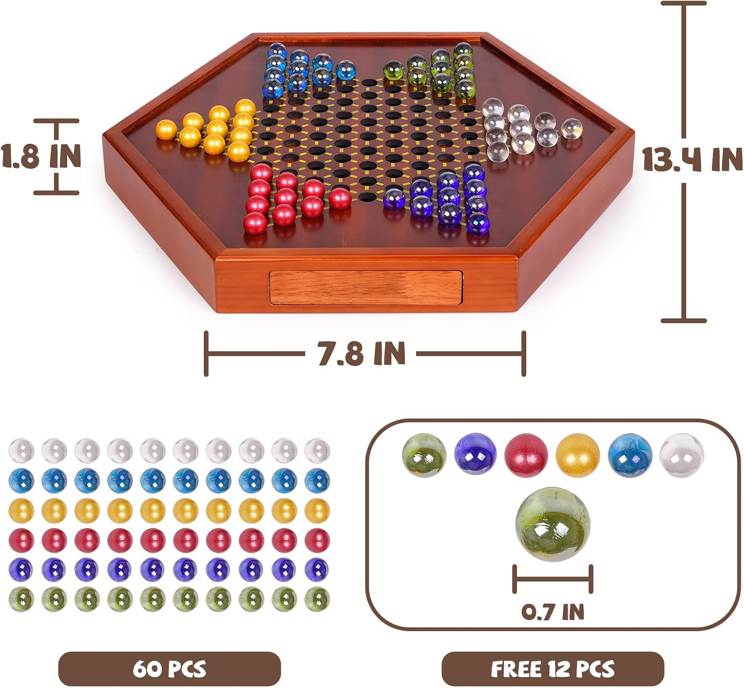 15 Inch Wooden Chinese Checkers Board Game Set with 72 Glass Marbles – Classic Strategy Marble Game with Dual Storage Drawer, Large Family Board Game for Adults, Travel & Indoor Game